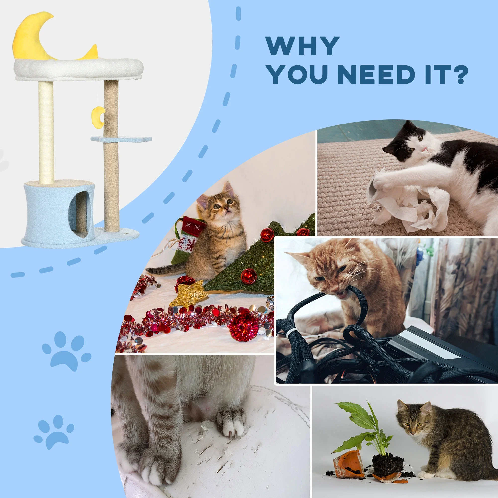 Moon Cat Tower, Teddy Fleece House Bed, Scratching Post, Hanging Toy, Star Platform 41", Blue - Image 7