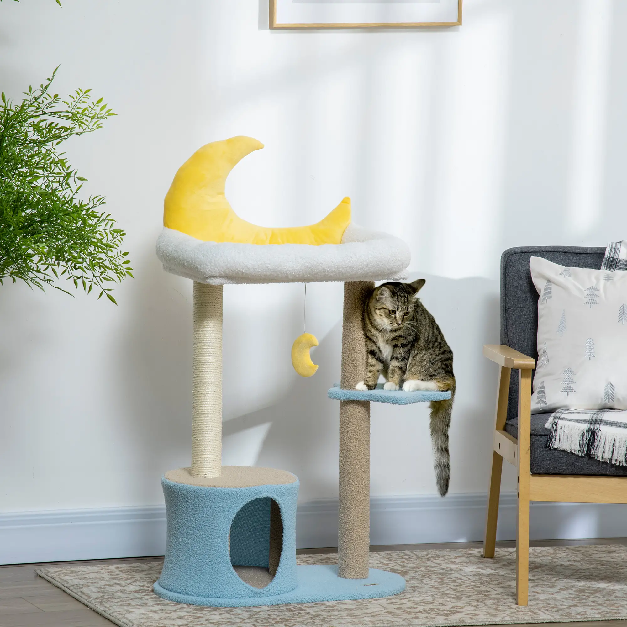 Moon Cat Tower, Teddy Fleece House Bed, Scratching Post, Hanging Toy, Star Platform 41", Blue - Image 8