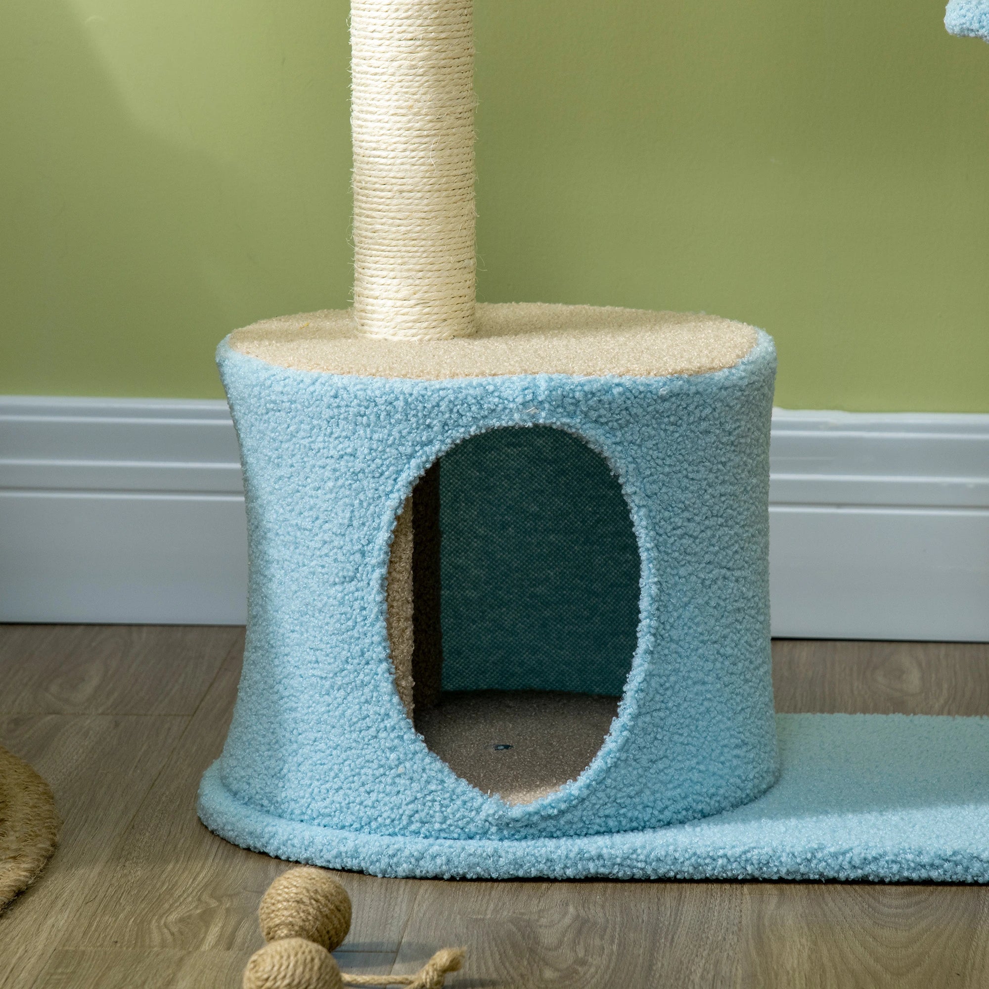 Moon Cat Tower, Teddy Fleece House Bed, Scratching Post, Hanging Toy, Star Platform 41", Blue - Image 9