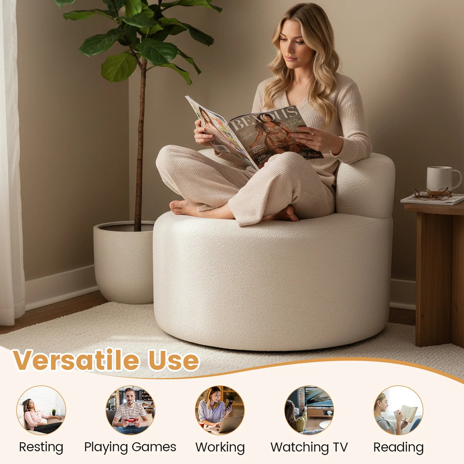 Moon-Shaped Floor Single Sofa Chair with Soft Teddy Fleece, Beige - Image 10