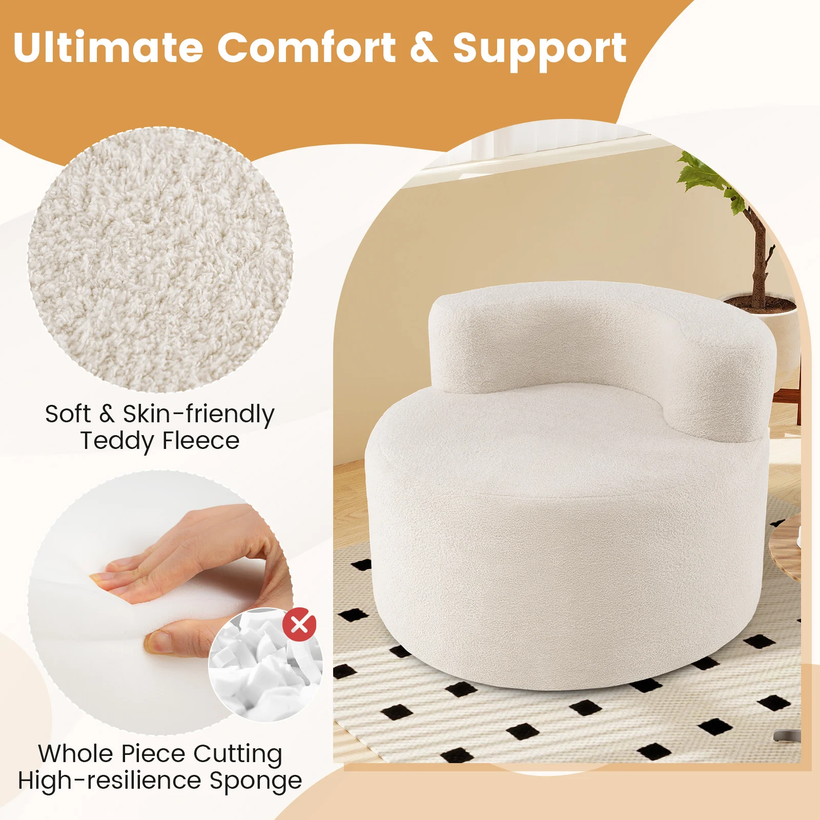 Moon-Shaped Floor Single Sofa Chair with Soft Teddy Fleece, Beige - Image 7