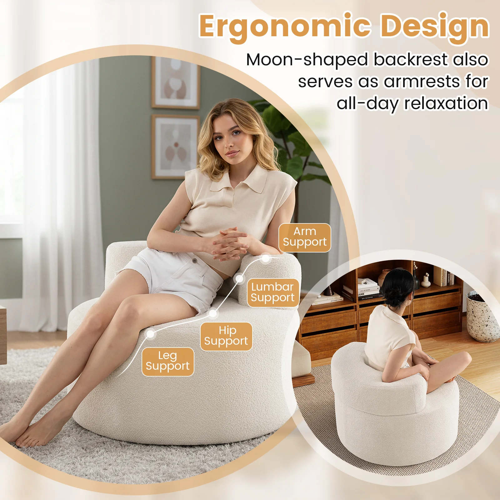 Moon-Shaped Floor Single Sofa Chair with Soft Teddy Fleece, Beige - Image 8