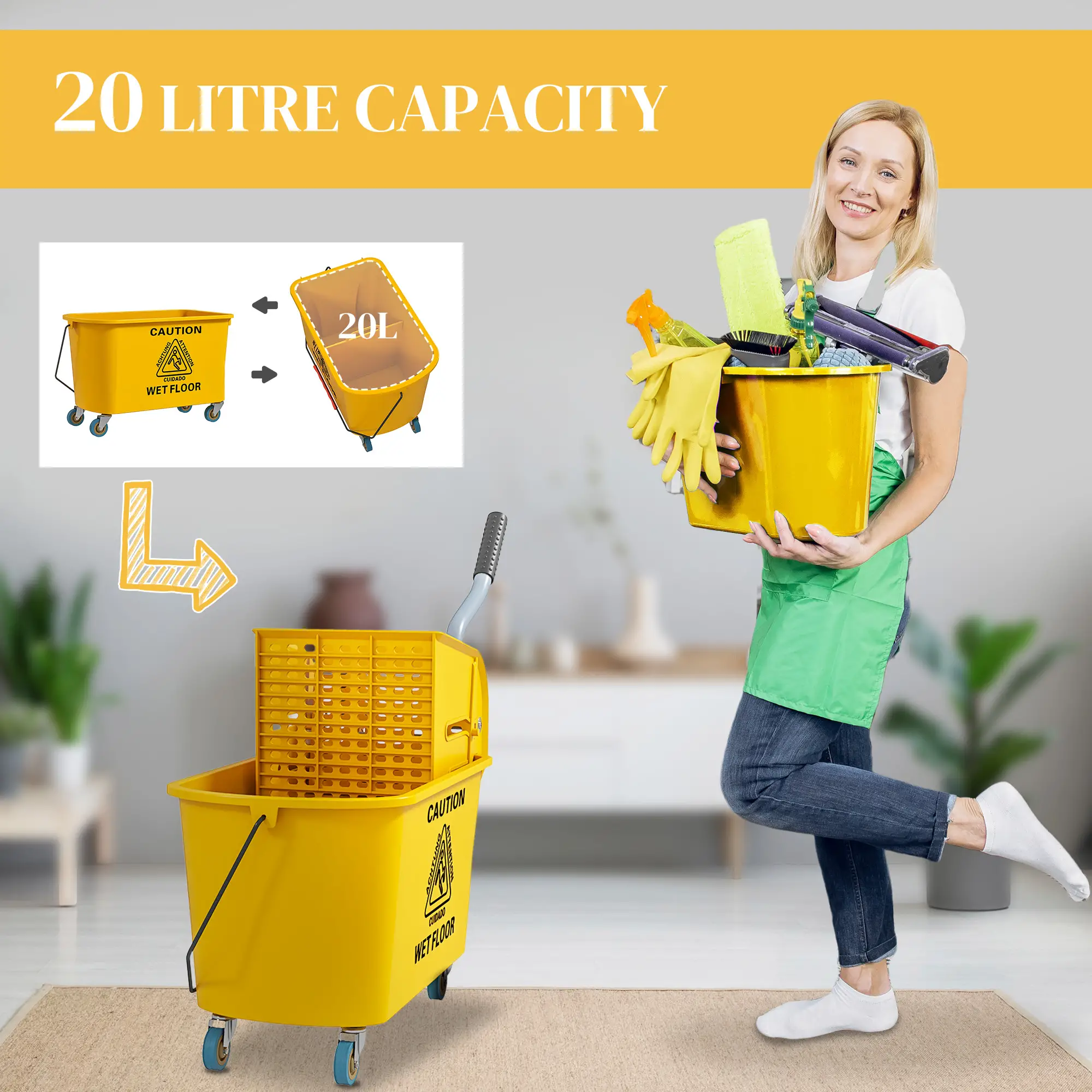 Mop Bucket with Wringer on Wheels, 21 Quart, Yellow - Image 4