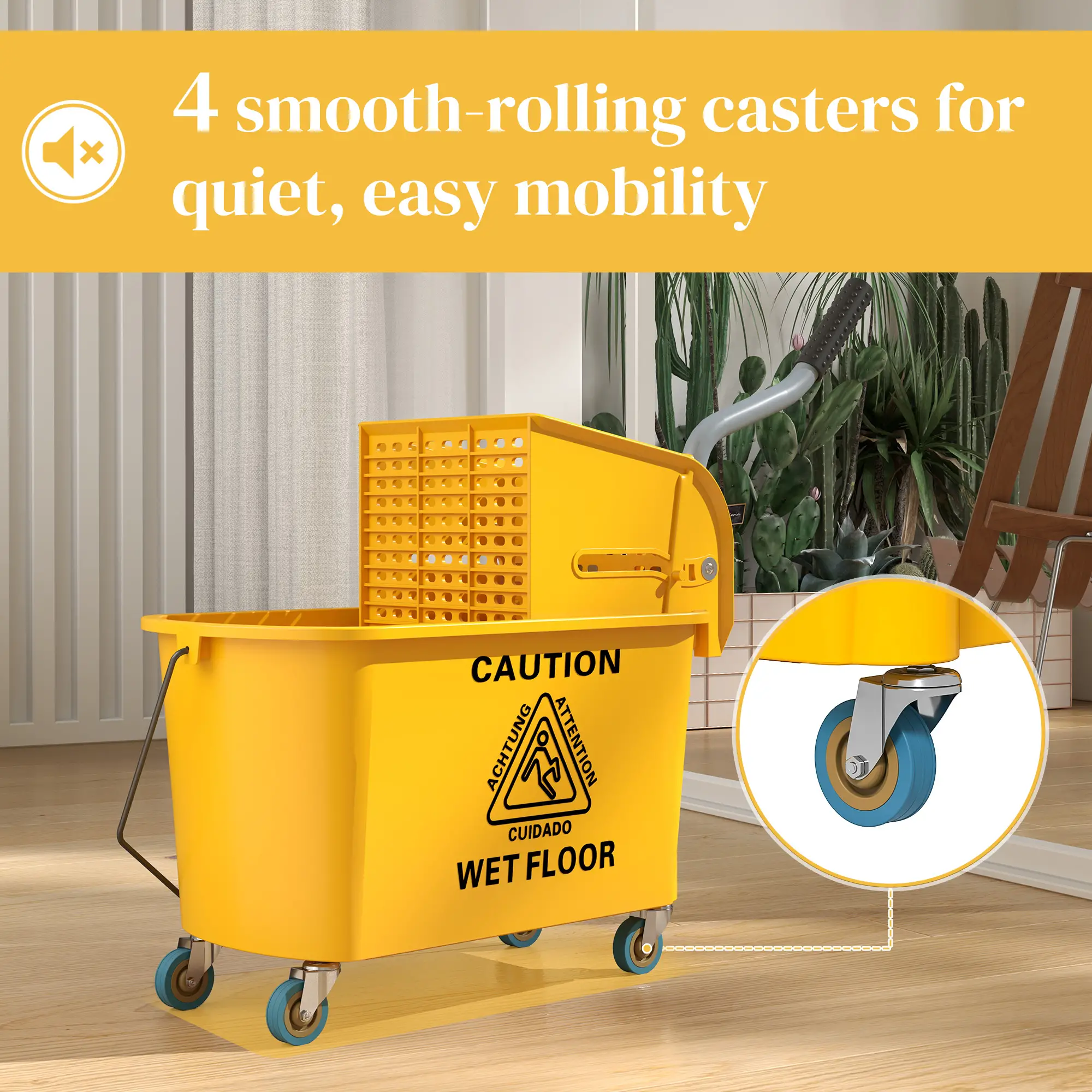 Mop Bucket with Wringer on Wheels, 21 Quart, Yellow - Image 7