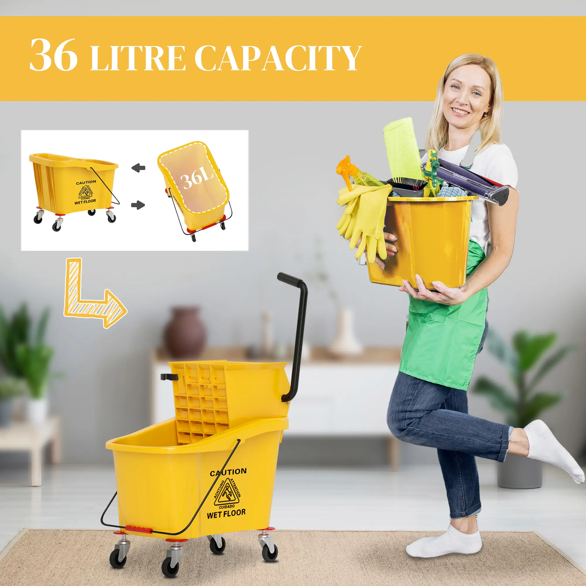 Mop Bucket with Wringer on Wheels, 38 Quart, Yellow - Image 4