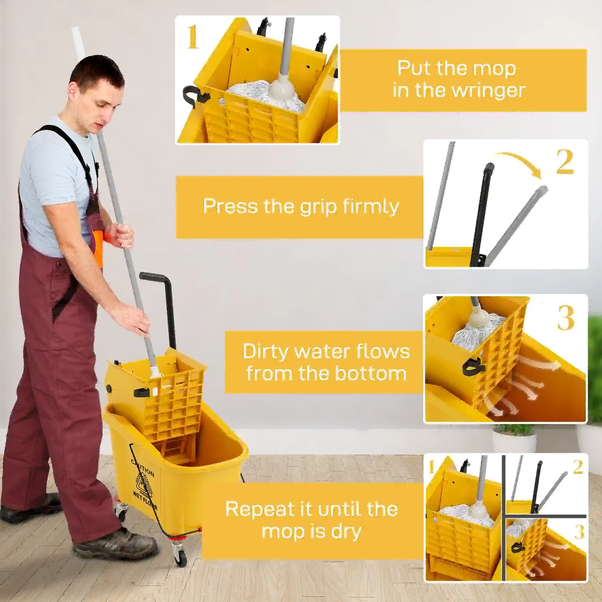 Mop Bucket with Wringer on Wheels, 38 Quart, Yellow - Image 5