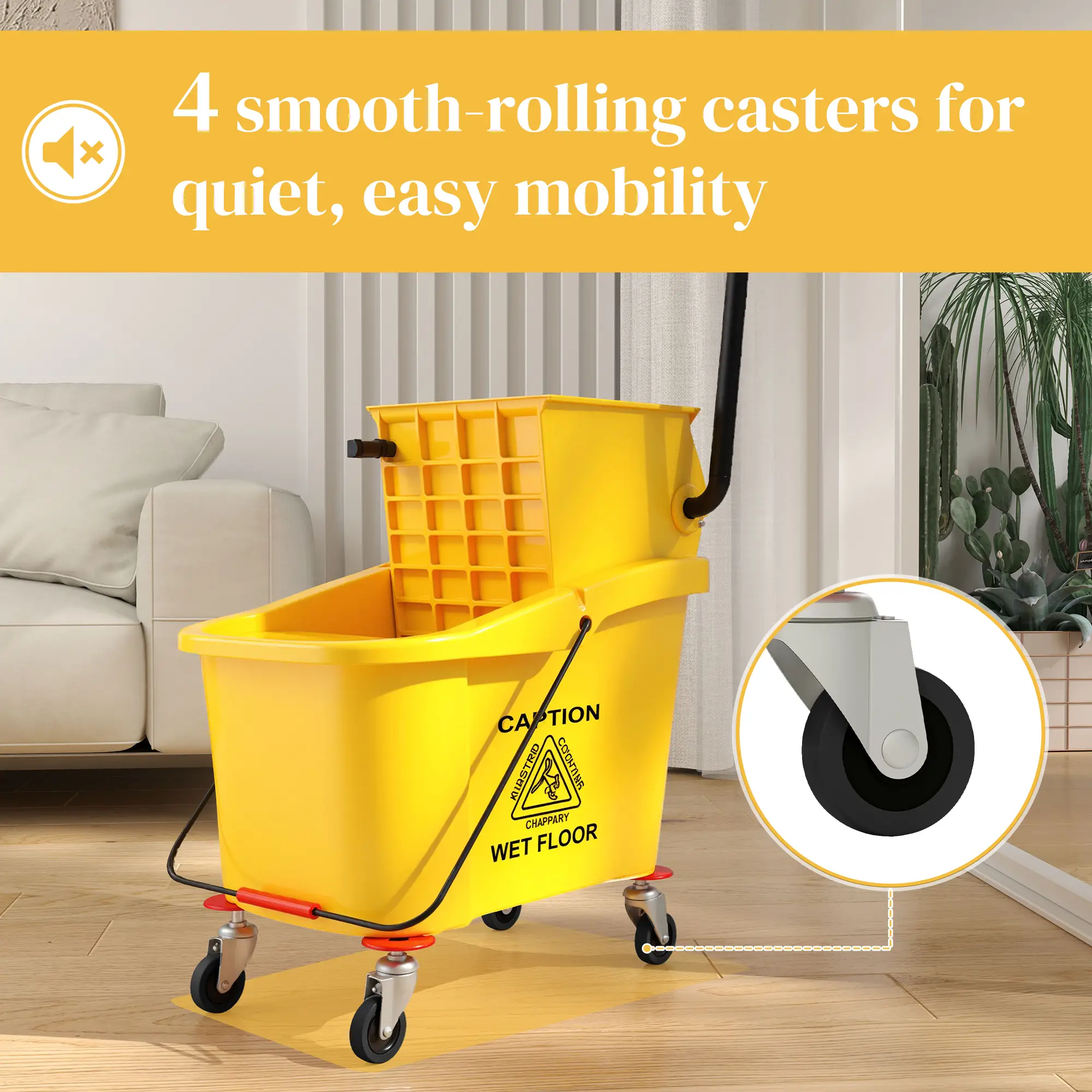 Mop Bucket with Wringer on Wheels, 38 Quart, Yellow - Image 6