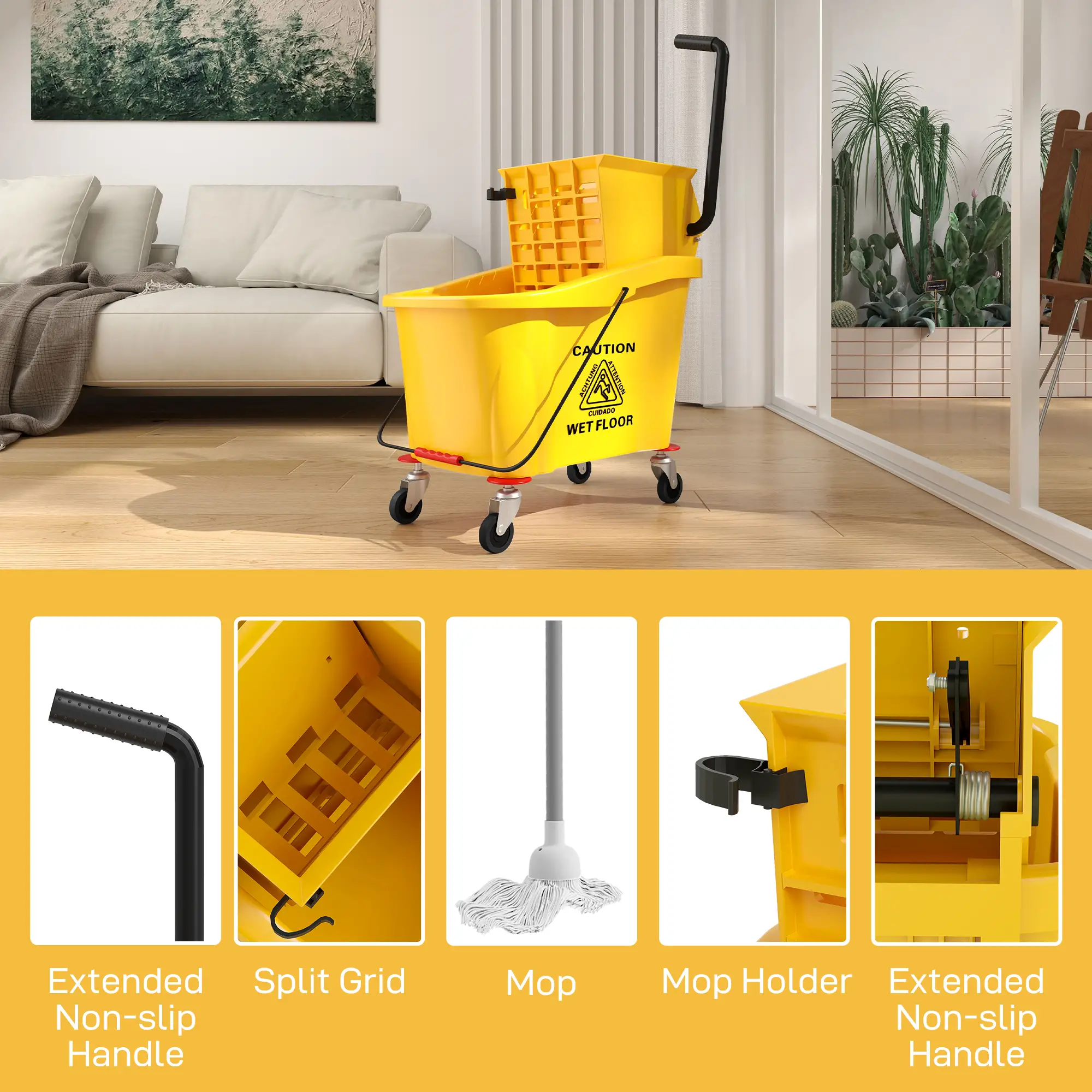 Mop Bucket with Wringer on Wheels, 38 Quart, Yellow - Image 7