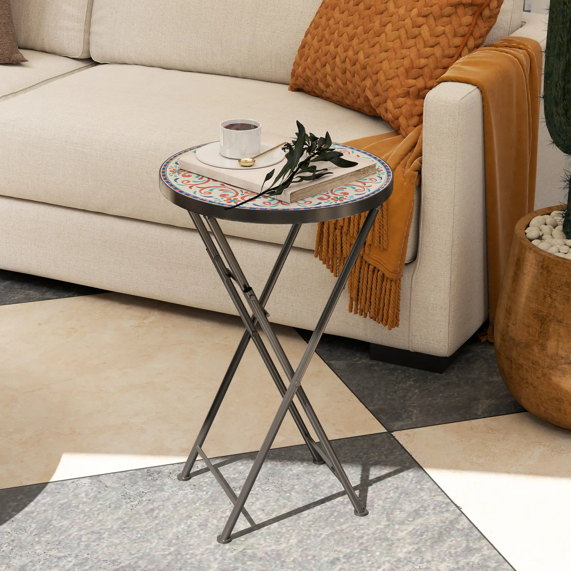 Mosaic Outdoor Patio Side Table, 14" Round, Mixed Colour, Colour - Image 2
