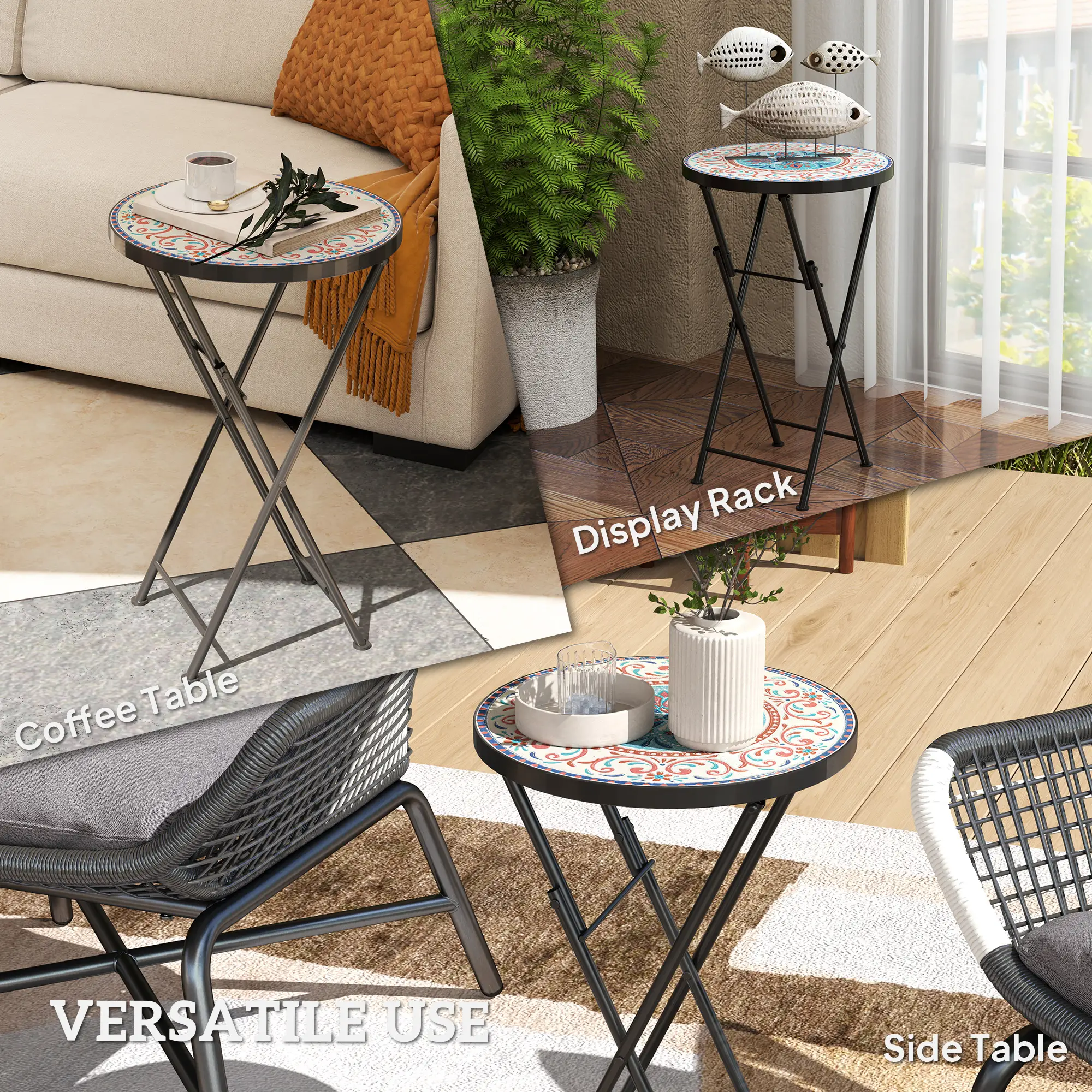 Mosaic Outdoor Patio Side Table, 14" Round, Mixed Colour, Colour - Image 7