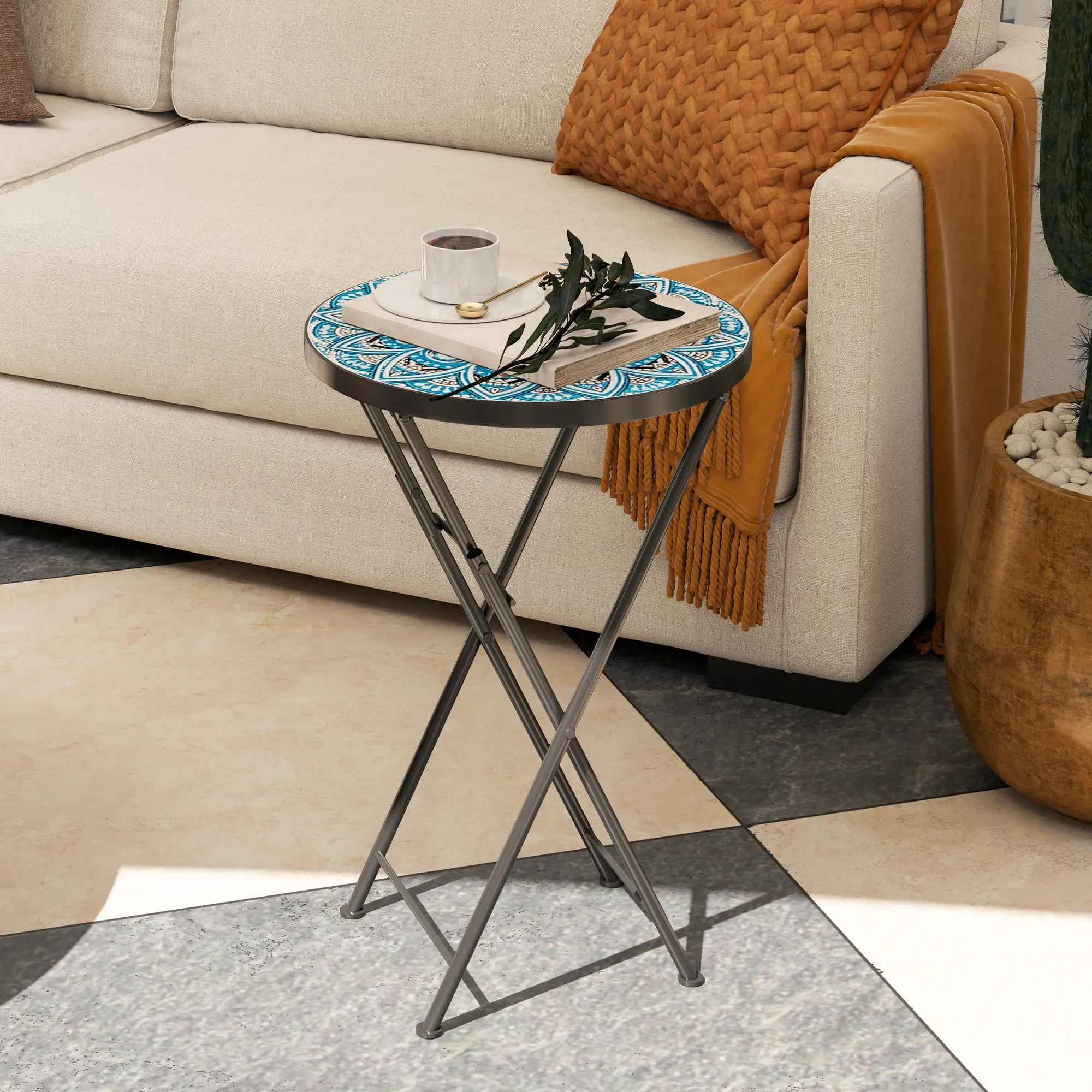 Mosaic Outdoor Patio Side Table, 14" Round, Steel Frame, Blue - Image 2