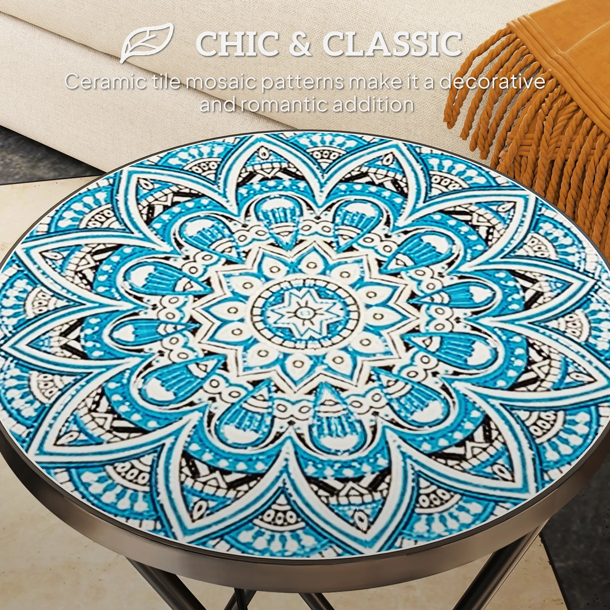 Mosaic Outdoor Patio Side Table, 14" Round, Steel Frame, Blue - Image 4