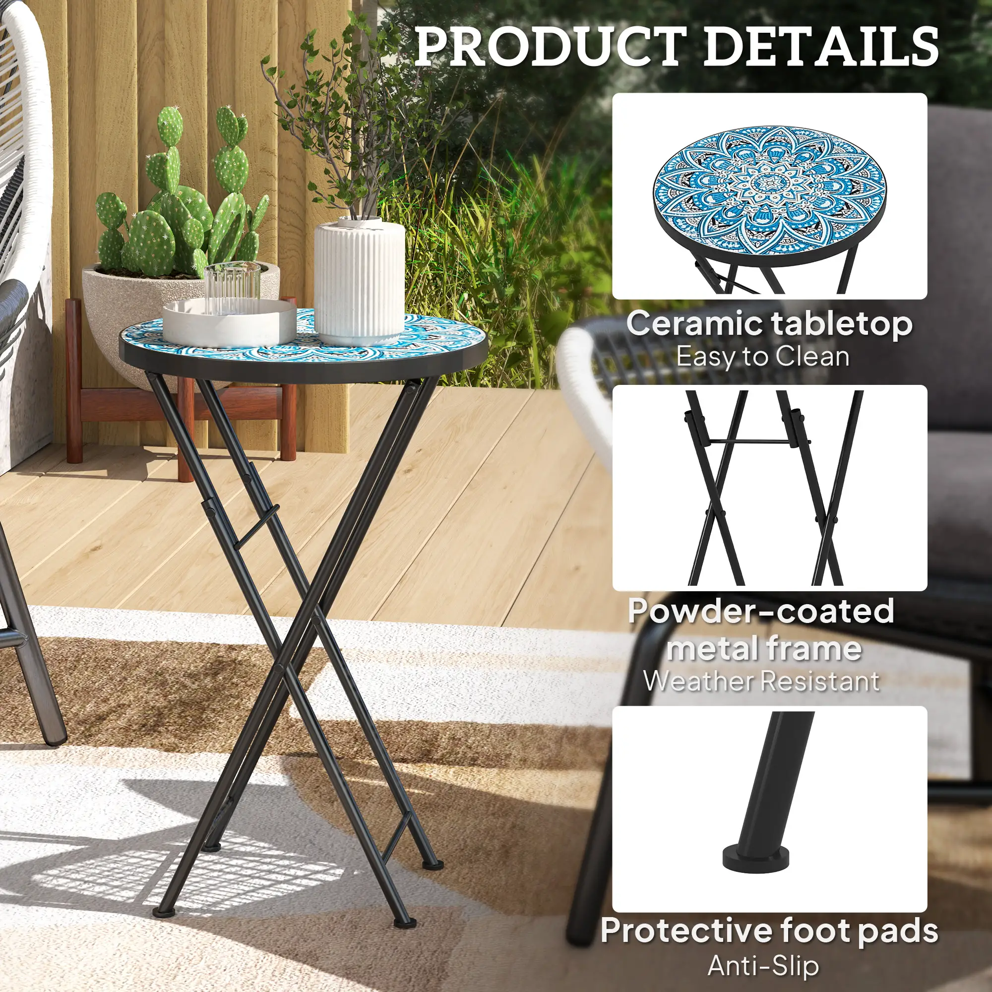 Mosaic Outdoor Patio Side Table, 14" Round, Steel Frame, Blue - Image 6