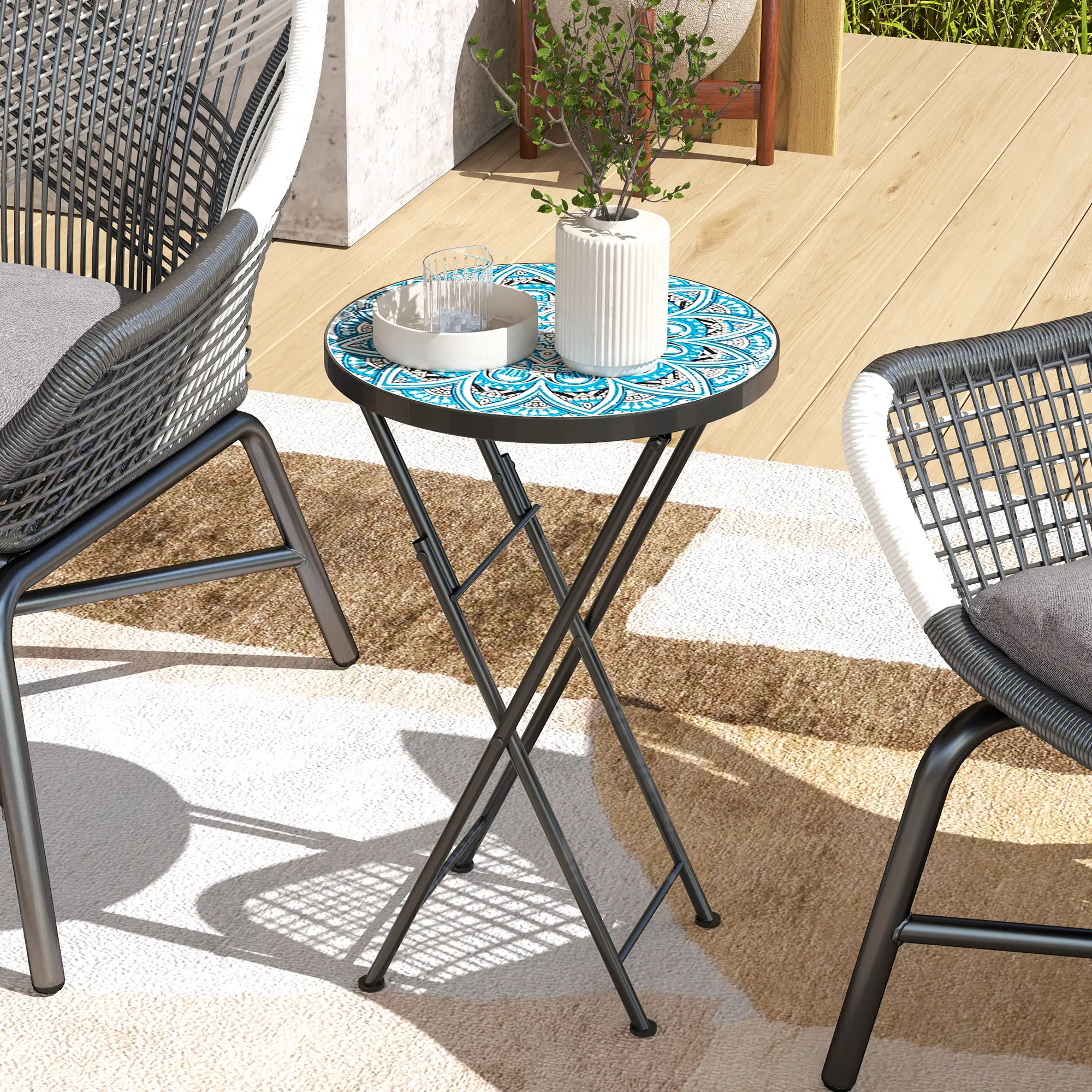 Mosaic Outdoor Patio Side Table, 14" Round, Steel Frame, Blue - Image 8