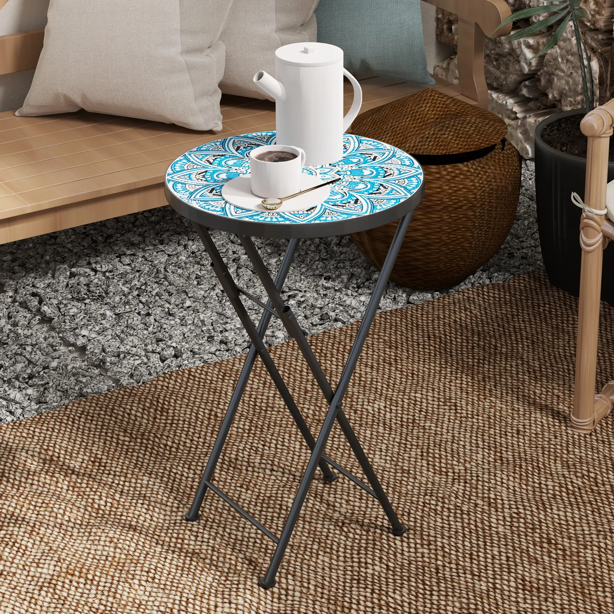 Mosaic Outdoor Patio Side Table, 14" Round, Steel Frame, Blue - Image 9