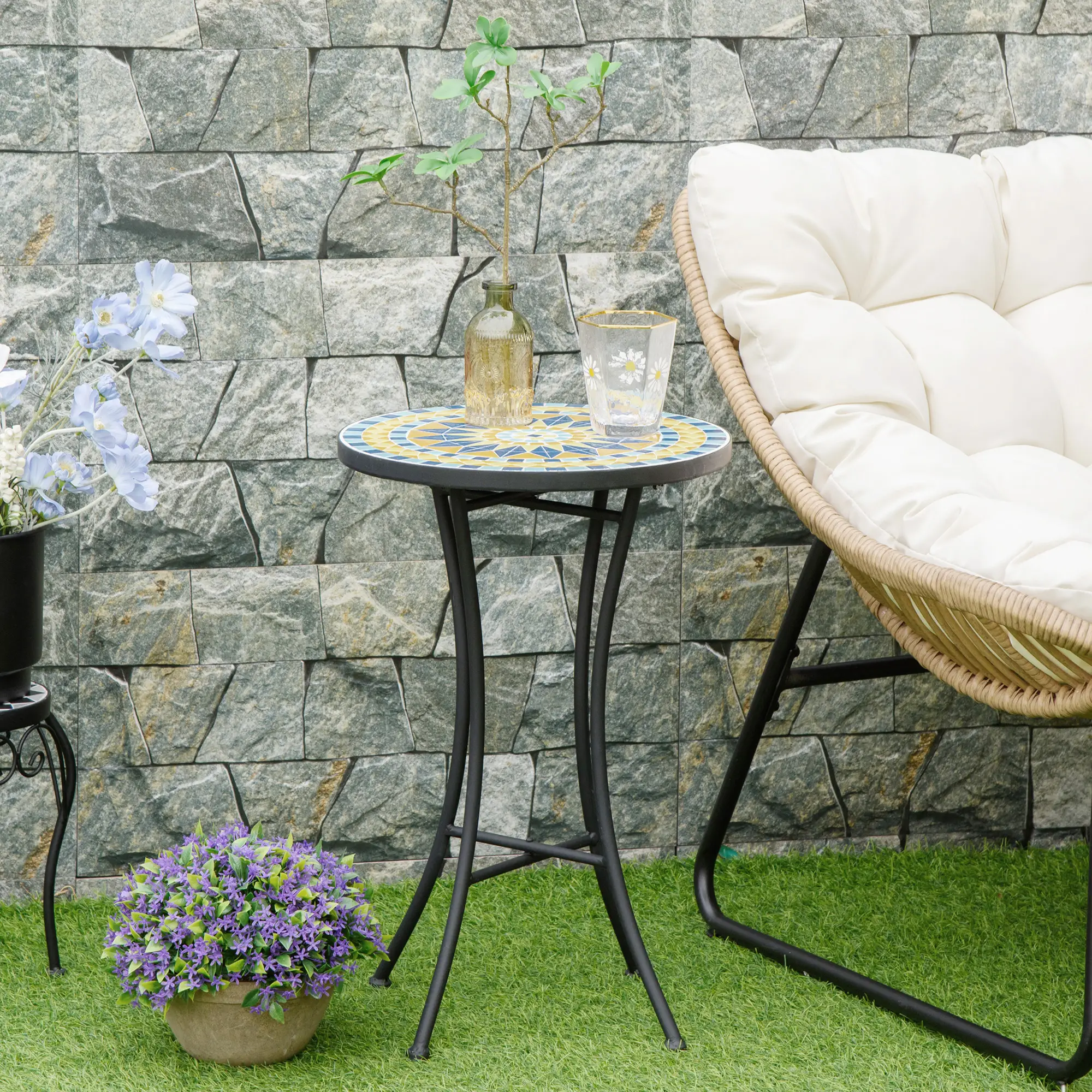 Mosaic Patio Table, Round Coffee Table, Metal Frame, Yellow - Image 2
