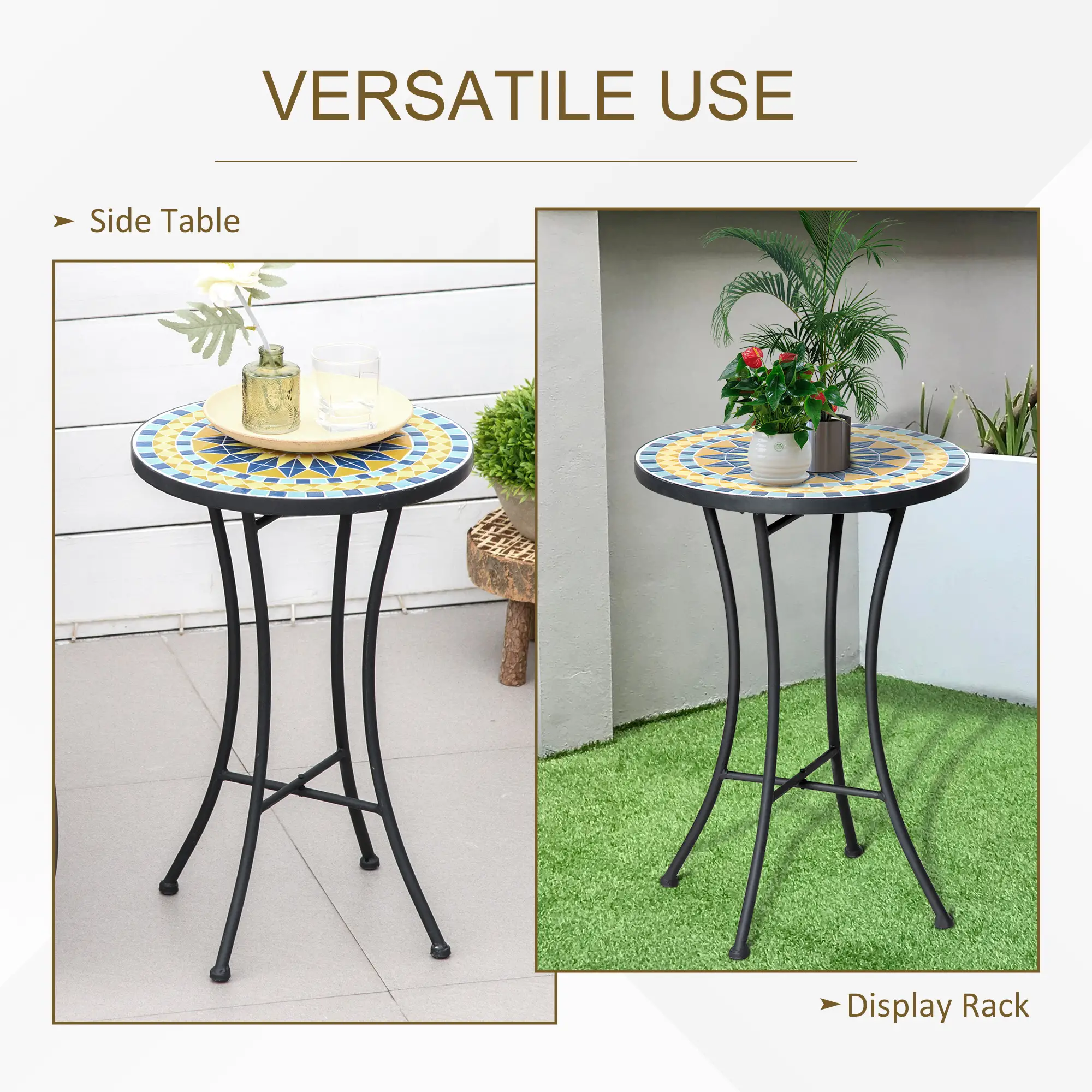 Mosaic Patio Table, Round Coffee Table, Metal Frame, Yellow - Image 4