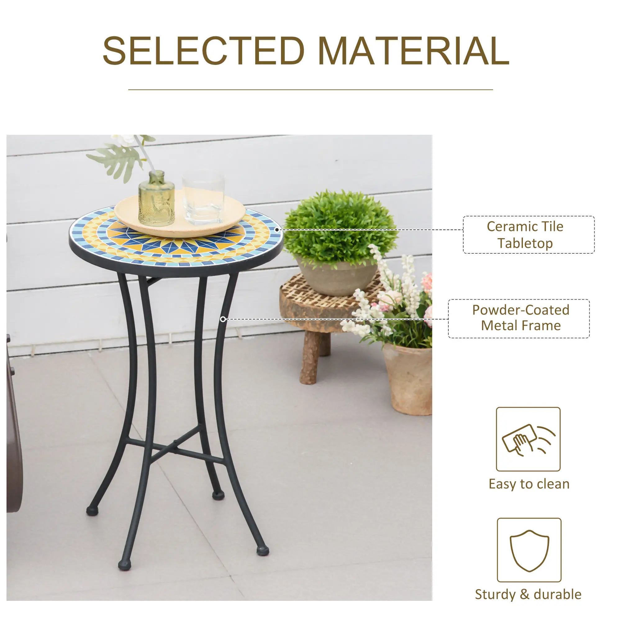 Mosaic Patio Table, Round Coffee Table, Metal Frame, Yellow - Image 5