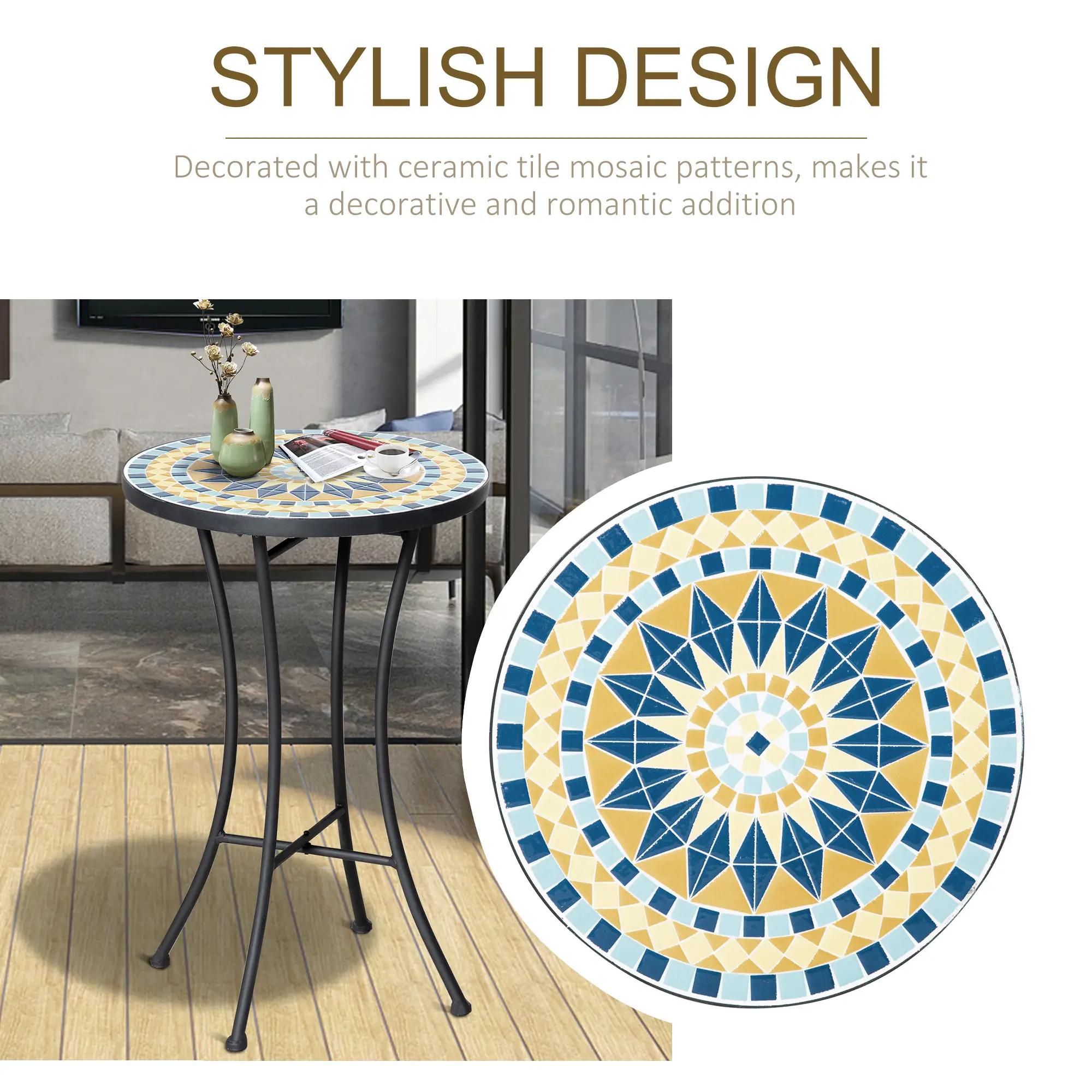 Mosaic Patio Table, Round Coffee Table, Metal Frame, Yellow - Image 6
