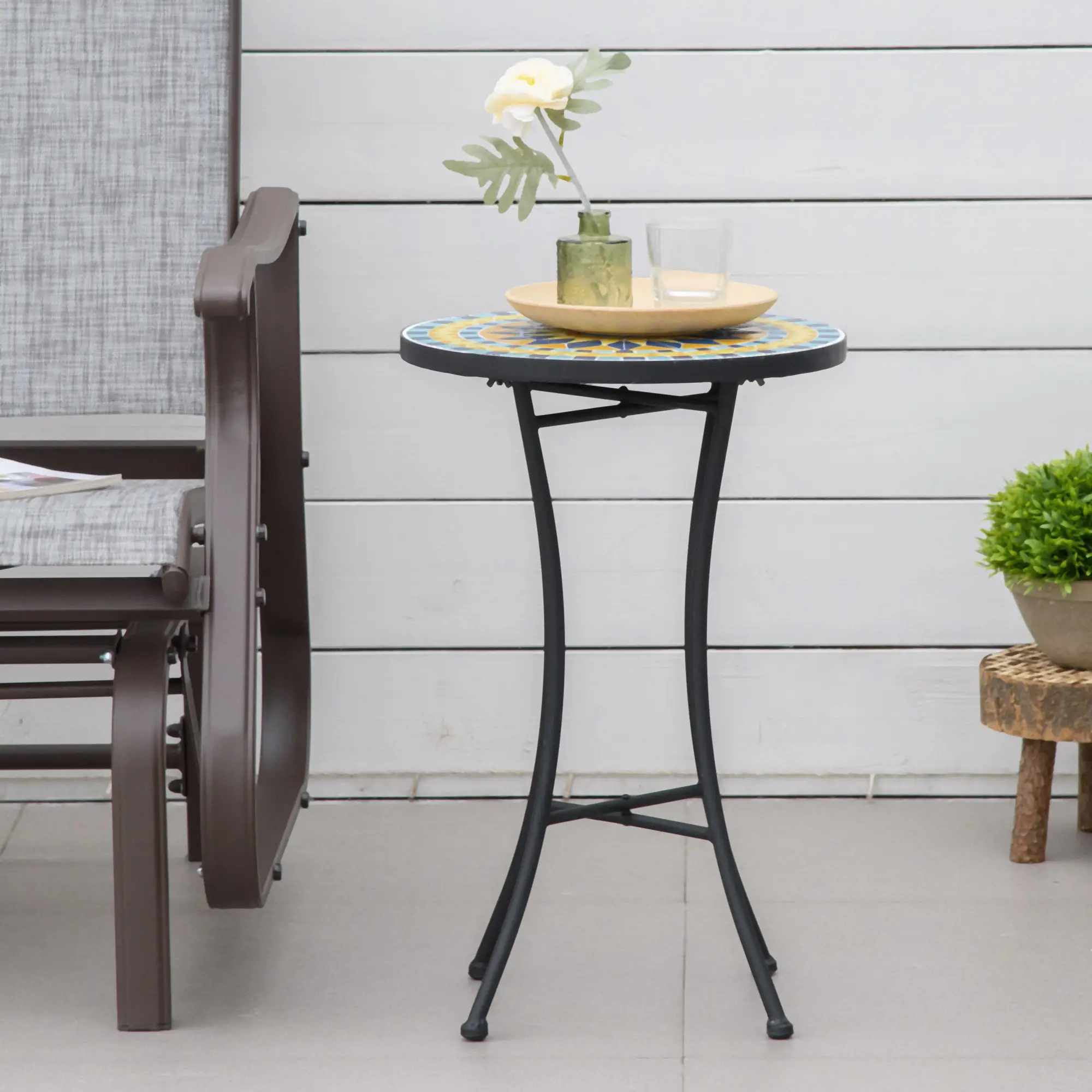 Mosaic Patio Table, Round Coffee Table, Metal Frame, Yellow - Image 8