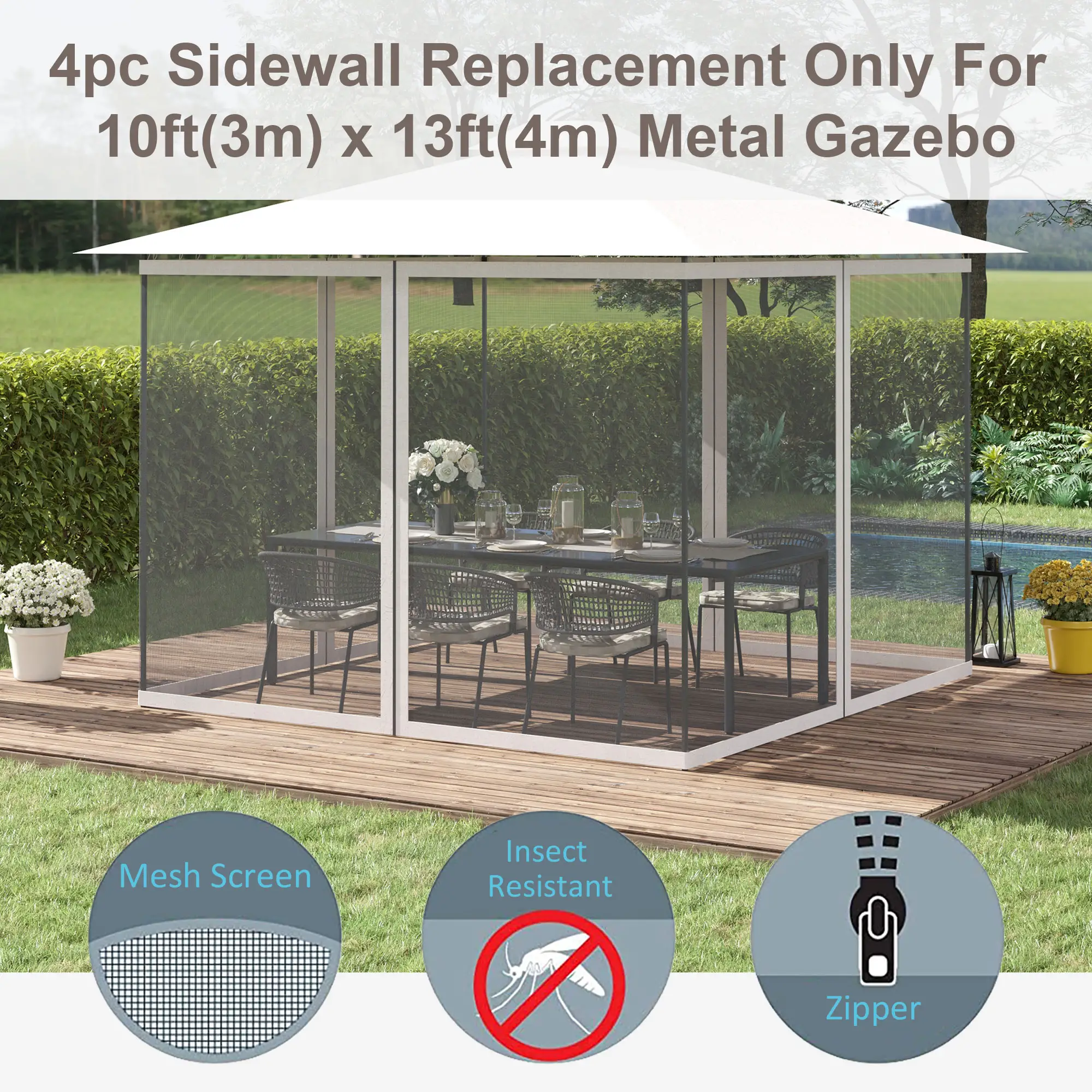 Mosquito Netting For Gazebo, 10' x 13', Black Screen Walls With Zippers, Black - Image 4
