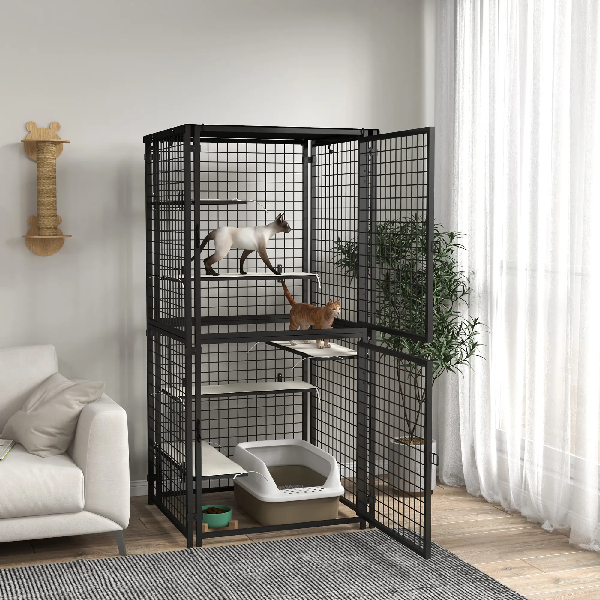 Multi-Level Cat Cage, Outdoor Catio, Steel, UV Water Resistant Cover, 5 Platforms, Soft Pads, Black - Image 2