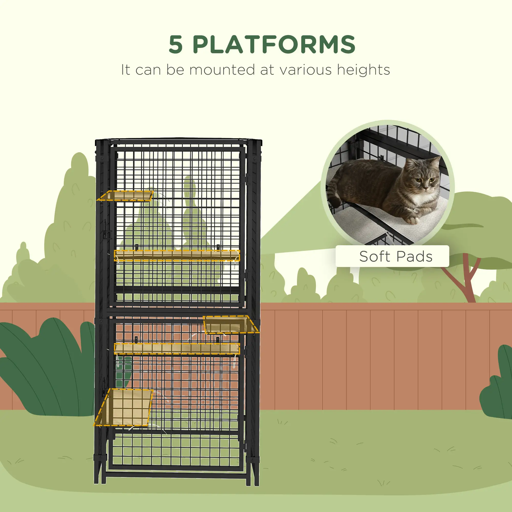 Multi-Level Cat Cage, Outdoor Catio, Steel, UV Water Resistant Cover, 5 Platforms, Soft Pads, Black - Image 6