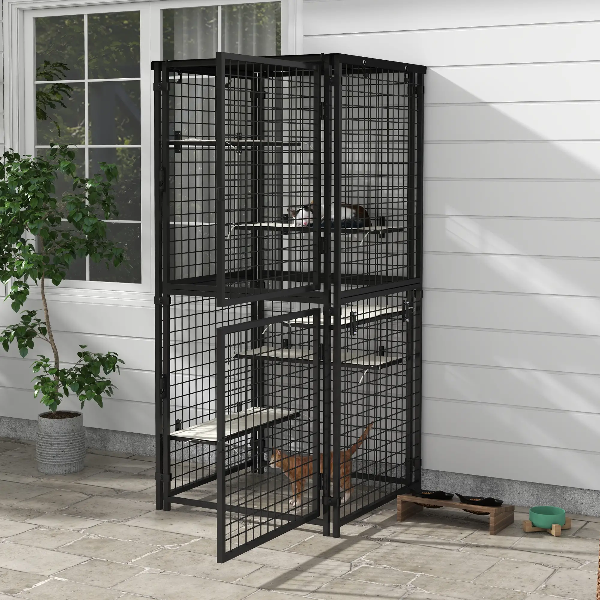 Multi-Level Cat Cage, Outdoor Catio, Steel, UV Water Resistant Cover, 5 Platforms, Soft Pads, Black - Image 8