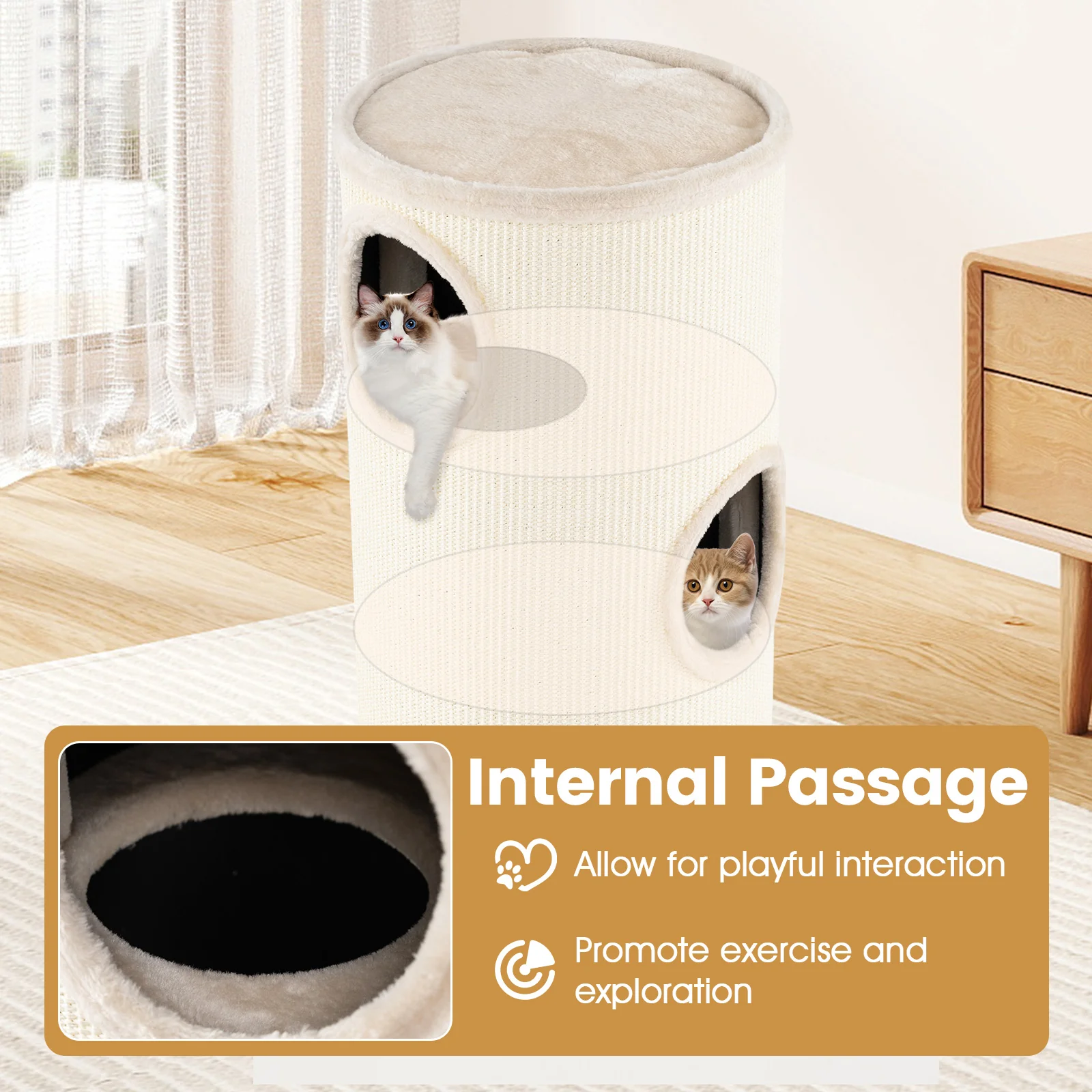 Multi-level Cat House with Sisal Scratching Pad, Beige - Image 10