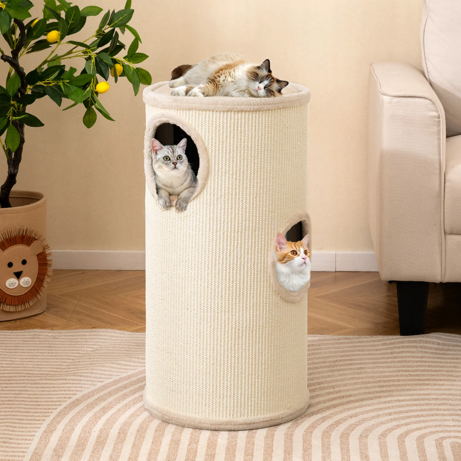 Multi-level Cat House with Sisal Scratching Pad, Beige - Image 2