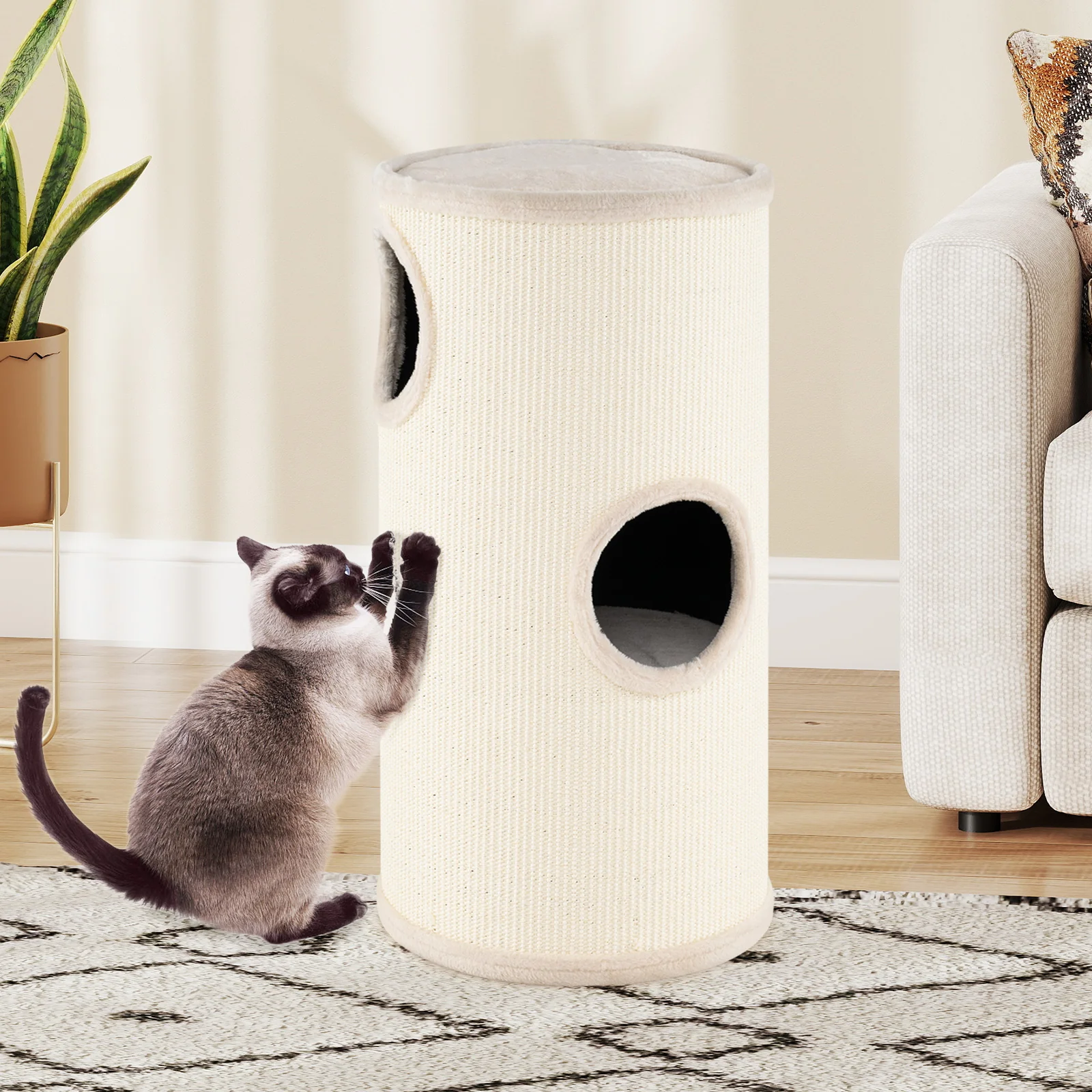 Multi-level Cat House with Sisal Scratching Pad, Beige - Image 3