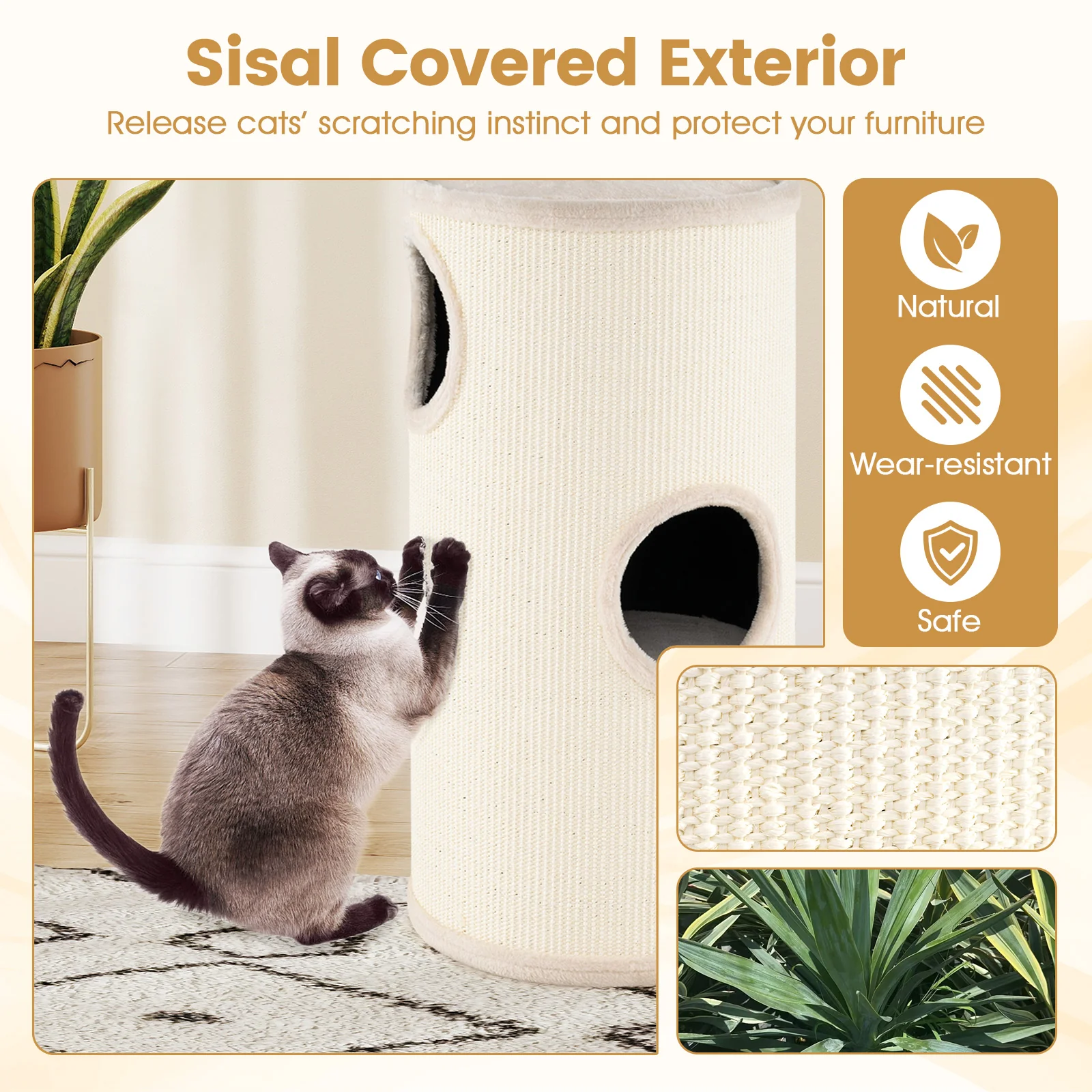 Multi-level Cat House with Sisal Scratching Pad, Beige - Image 8