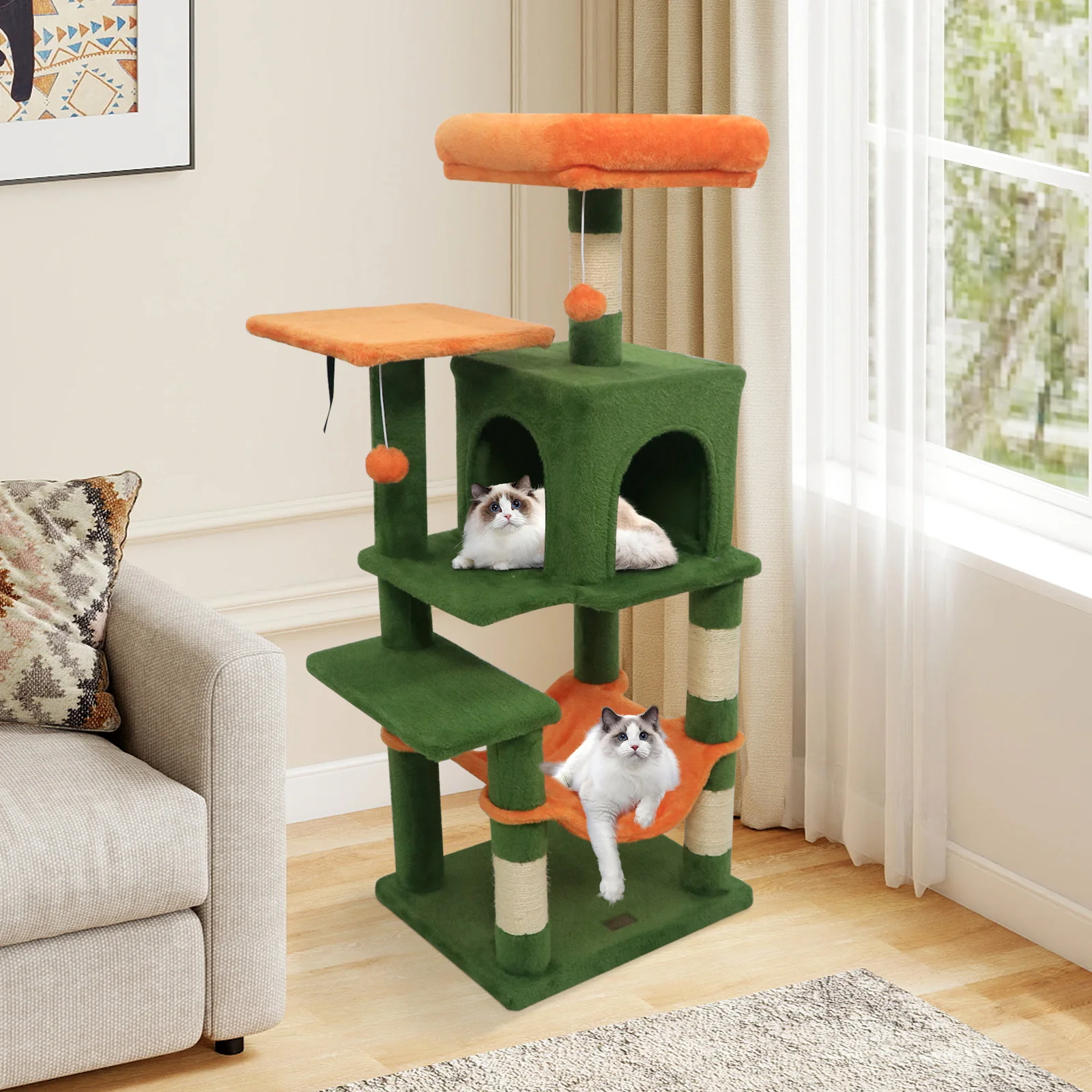 Multi-Level Cat Tower, 2-Door Condo, Padded Top Perch, Green - Image 2