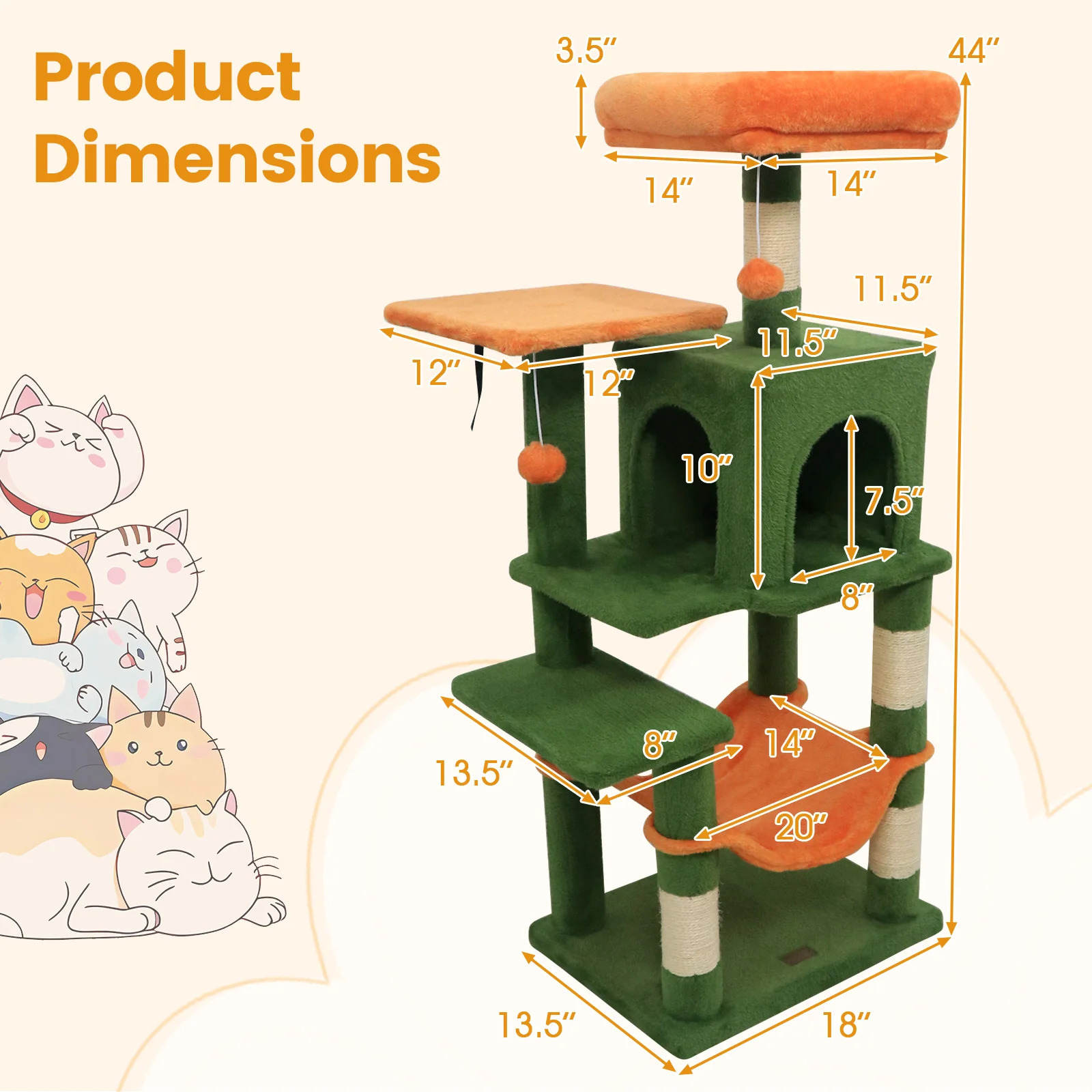 Multi-Level Cat Tower, 2-Door Condo, Padded Top Perch, Green - Image 6