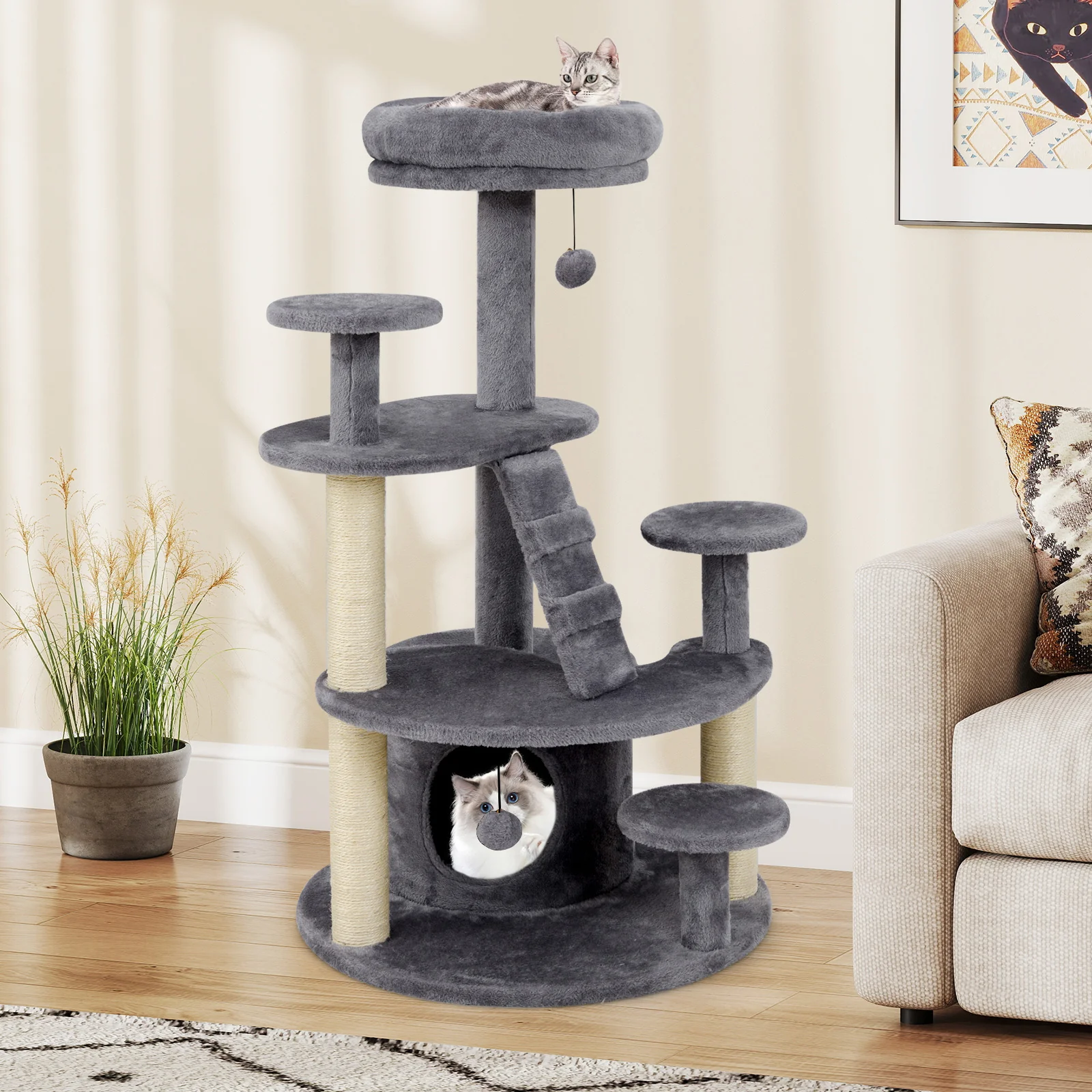 Multi-level Kitty Tower with Condo and Climbing Ladder-GR, Gray - Image 2