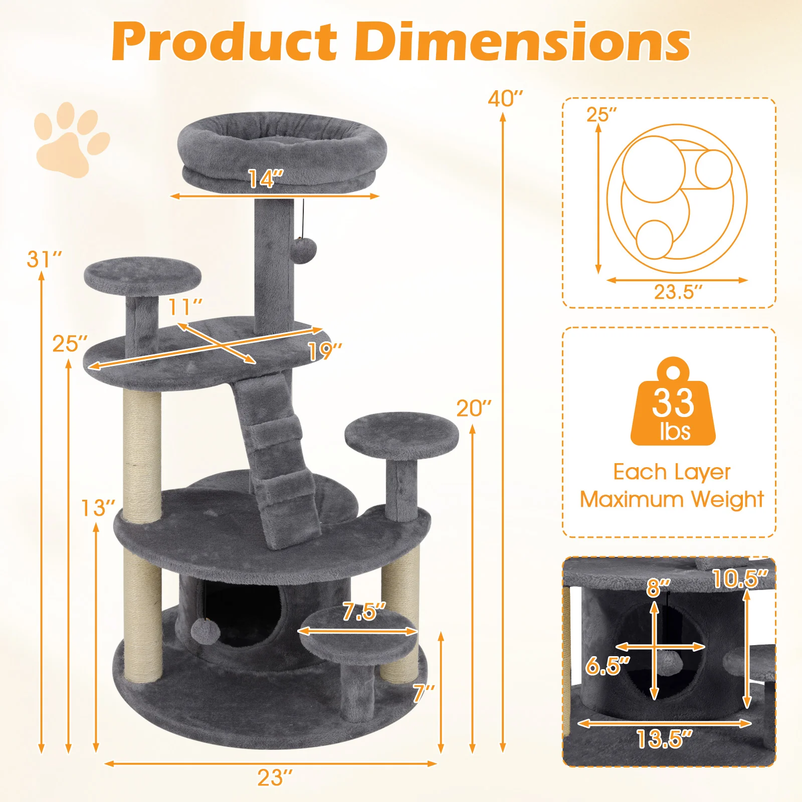 Multi-level Kitty Tower with Condo and Climbing Ladder-GR, Gray - Image 6