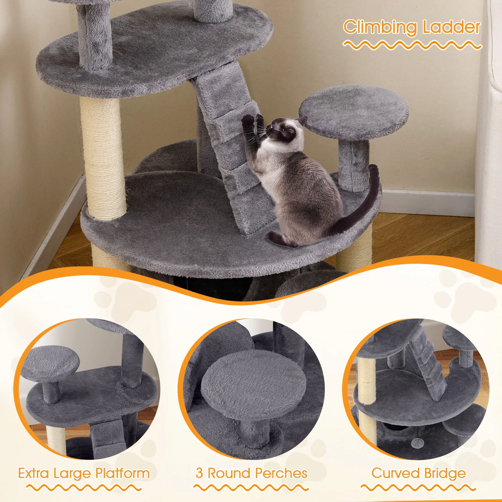 Multi-level Kitty Tower with Condo and Climbing Ladder-GR, Gray - Image 8