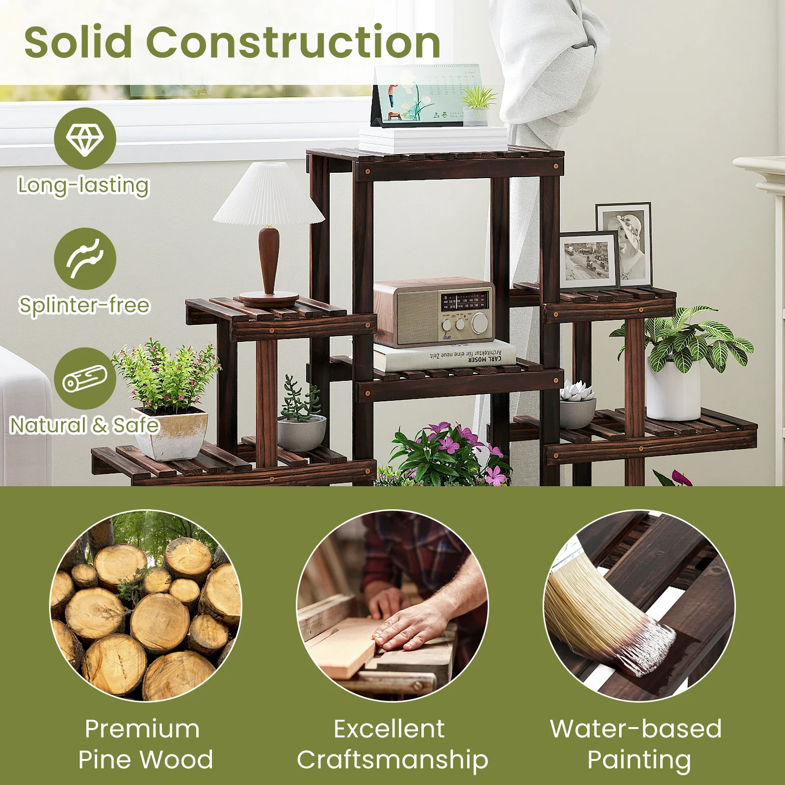 Multi-Tiered Wood Plant Stand, Indoor Outdoor Corner Shelf, Brown - Image 10
