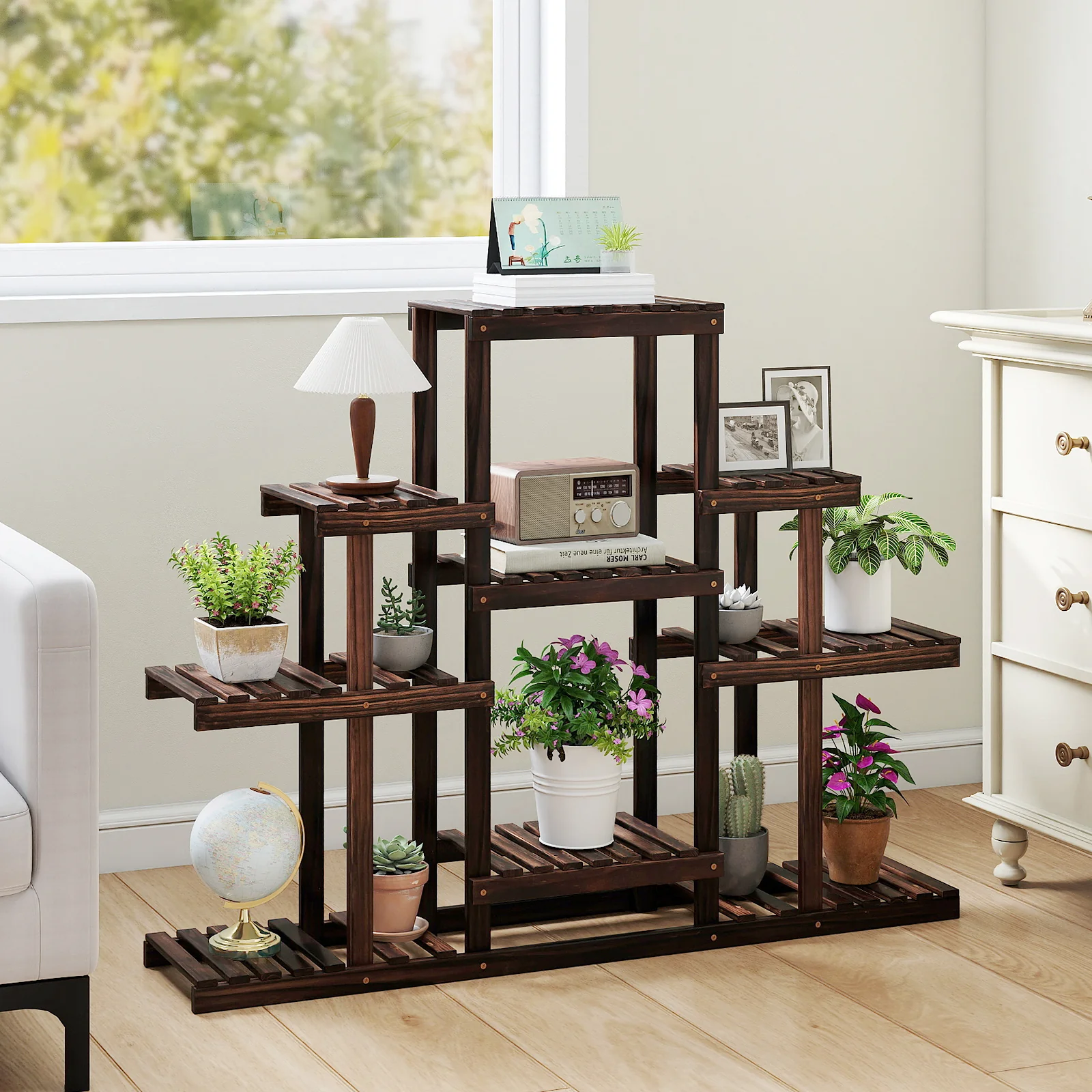 Multi-Tiered Wood Plant Stand, Indoor Outdoor Corner Shelf, Brown - Image 3