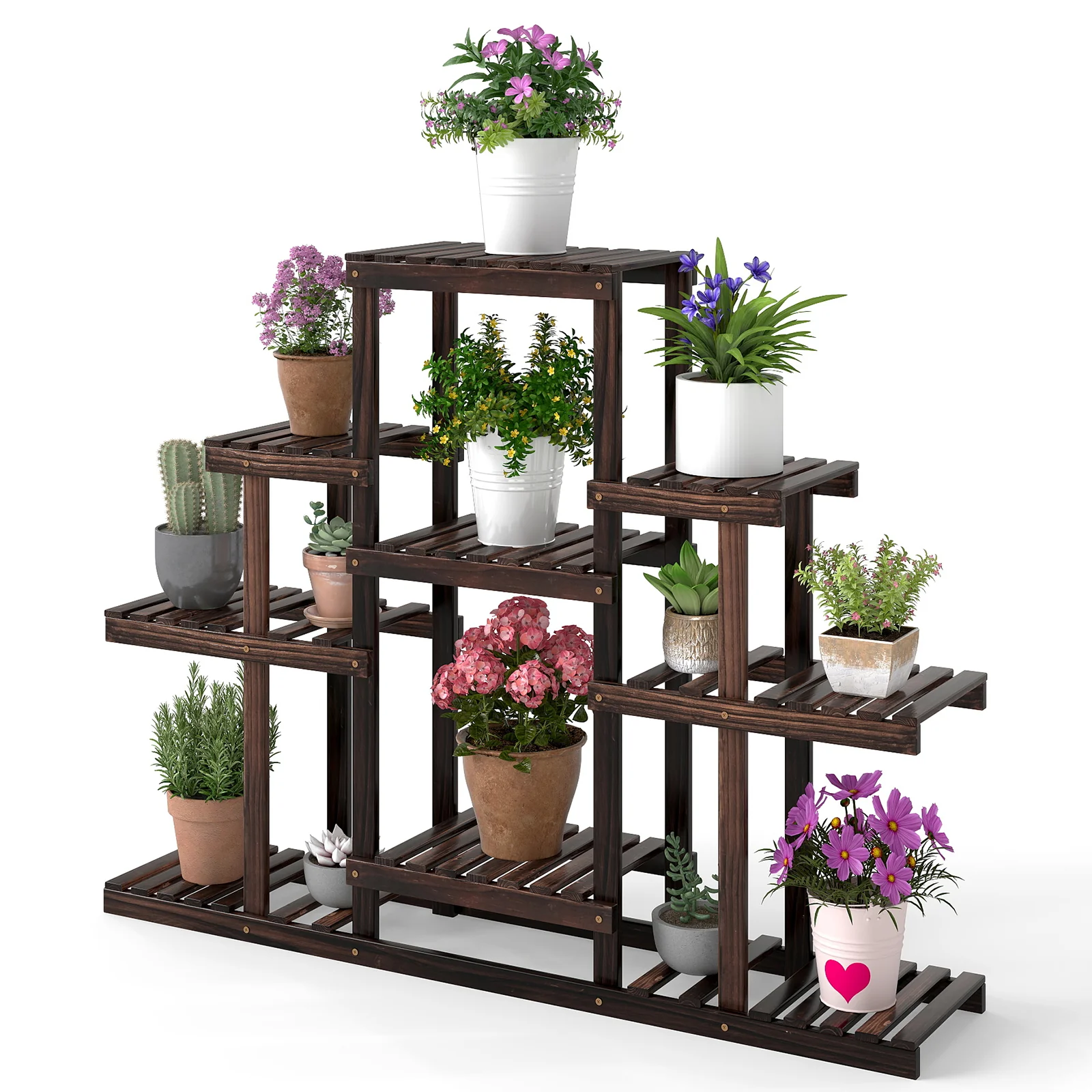 Multi-Tiered Wood Plant Stand, Indoor Outdoor Corner Shelf, Brown - Image 4