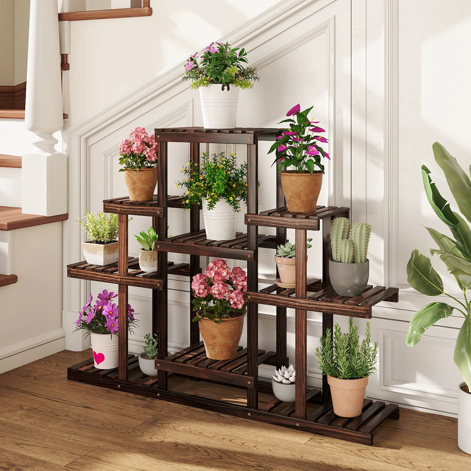 Multi-Tiered Wood Plant Stand, Indoor Outdoor Corner Shelf, Brown - Image 7