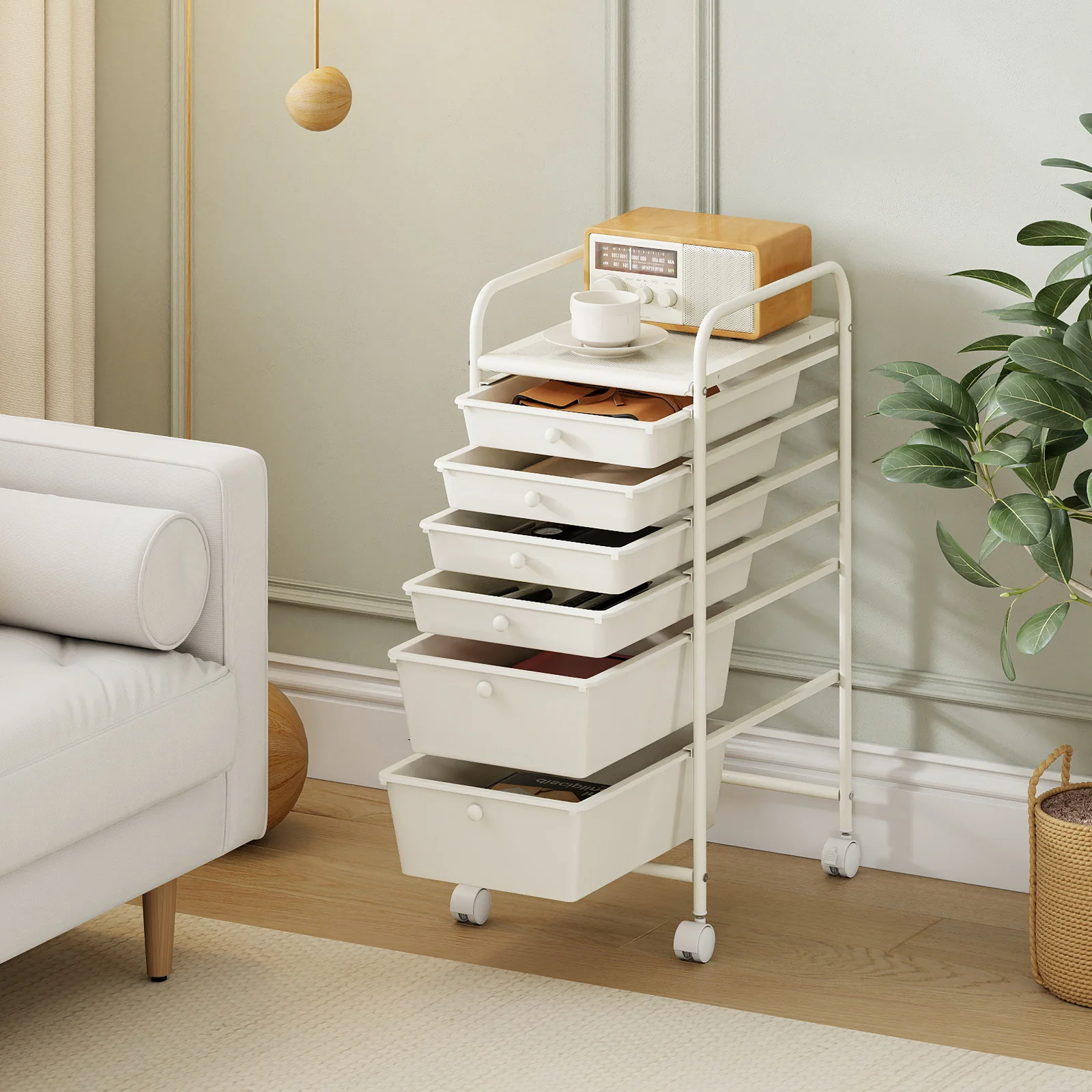 Multifunctional 6 Drawers Rolling Storage Cart Organizer, White - Image 3