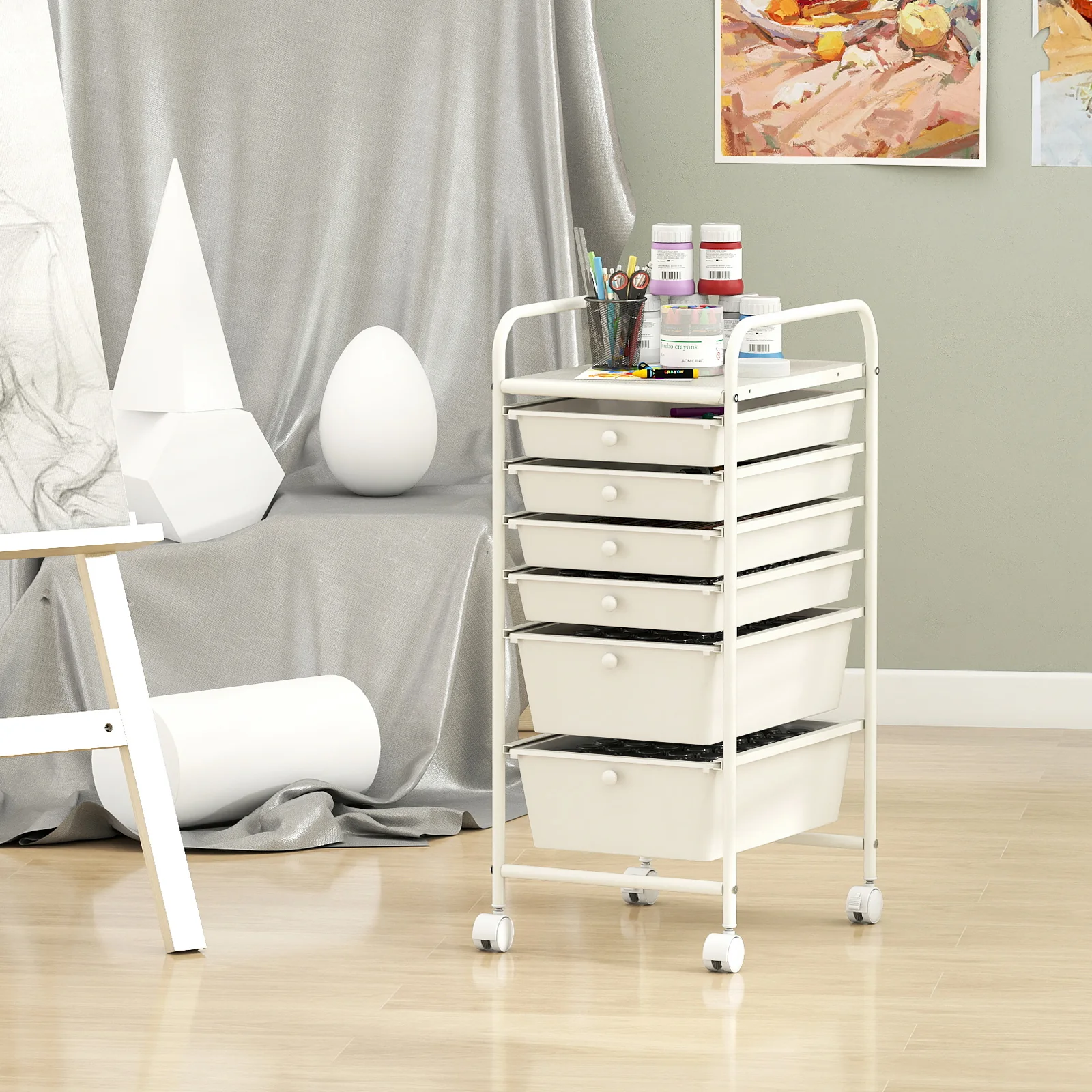 Multifunctional 6 Drawers Rolling Storage Cart Organizer, White - Image 7