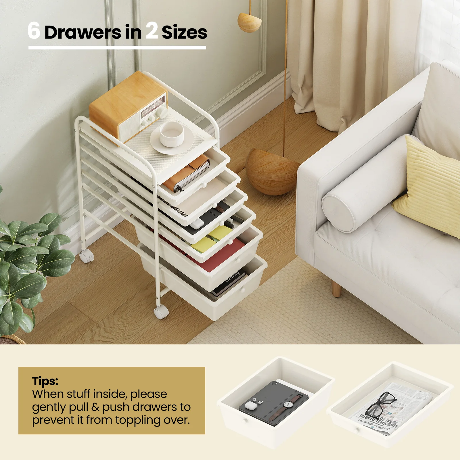Multifunctional 6 Drawers Rolling Storage Cart Organizer, White - Image 9