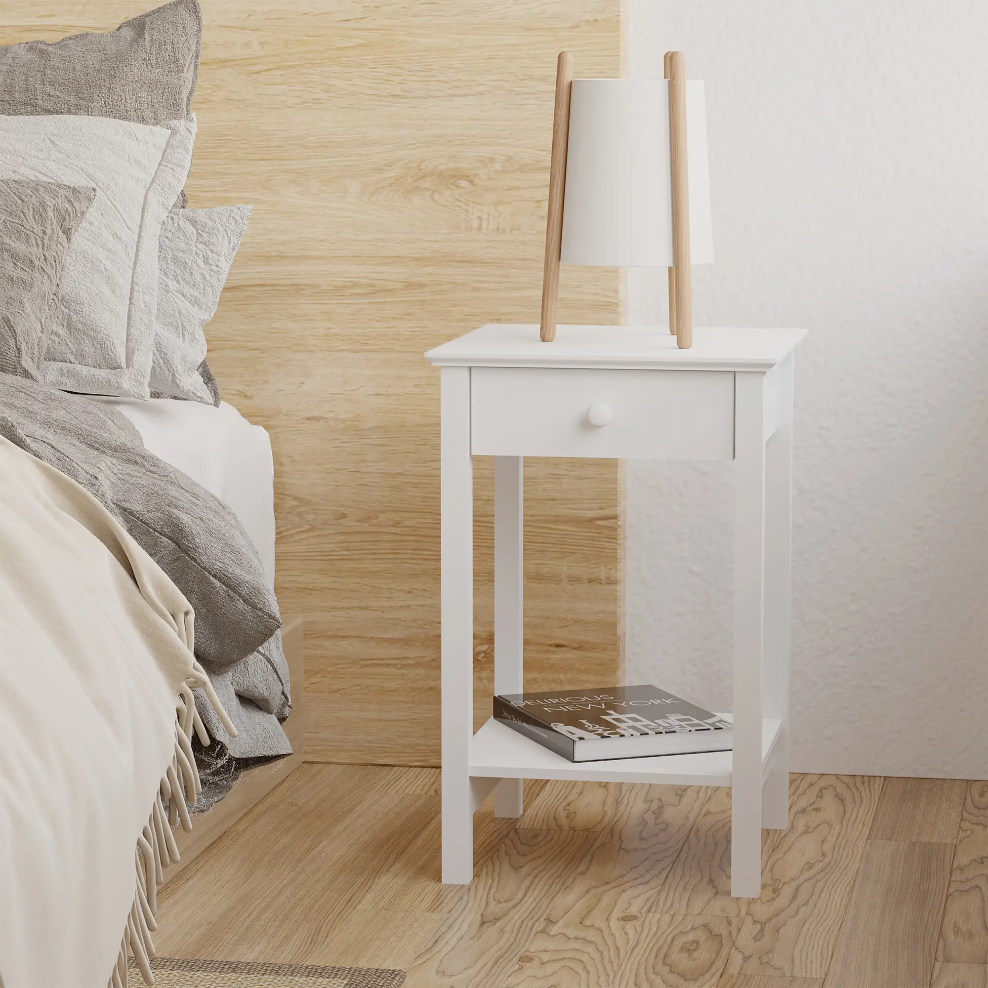 Multipurpose Bedside Table with Drawer, Storage Shelf, White - Image 4