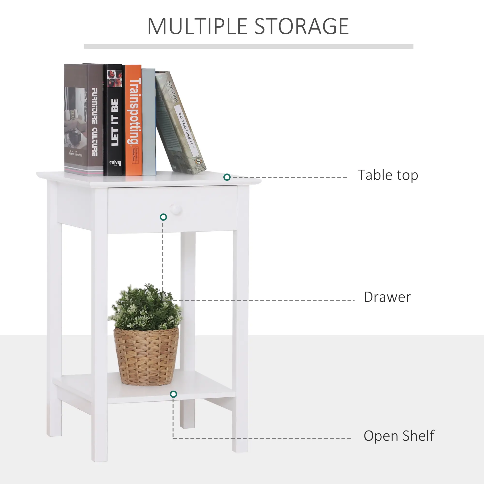 Multipurpose Bedside Table with Drawer, Storage Shelf, White - Image 5