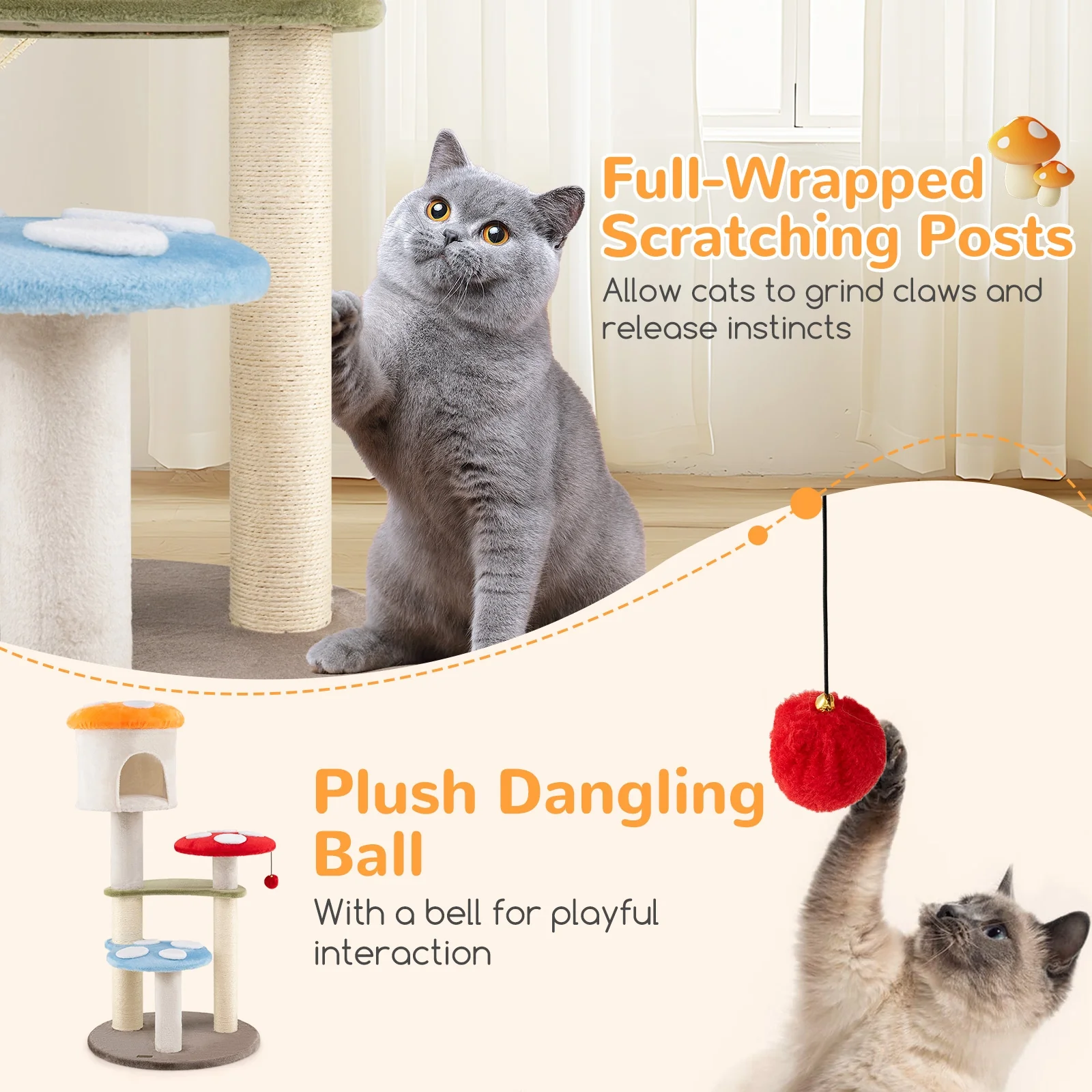 Mushroom Cat Tree, Sisal Scratching Posts, Condo, Padded Platforms, Multicolor - Image 10