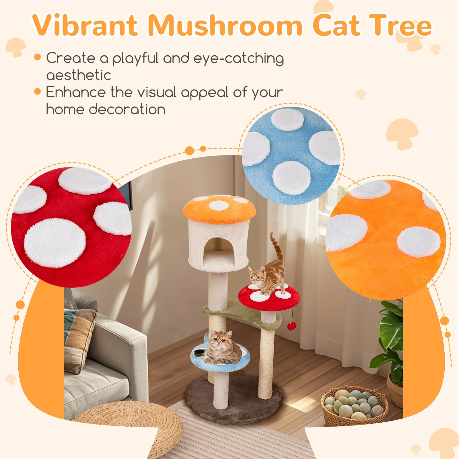 Mushroom Cat Tree, Sisal Scratching Posts, Condo, Padded Platforms, Multicolor - Image 7
