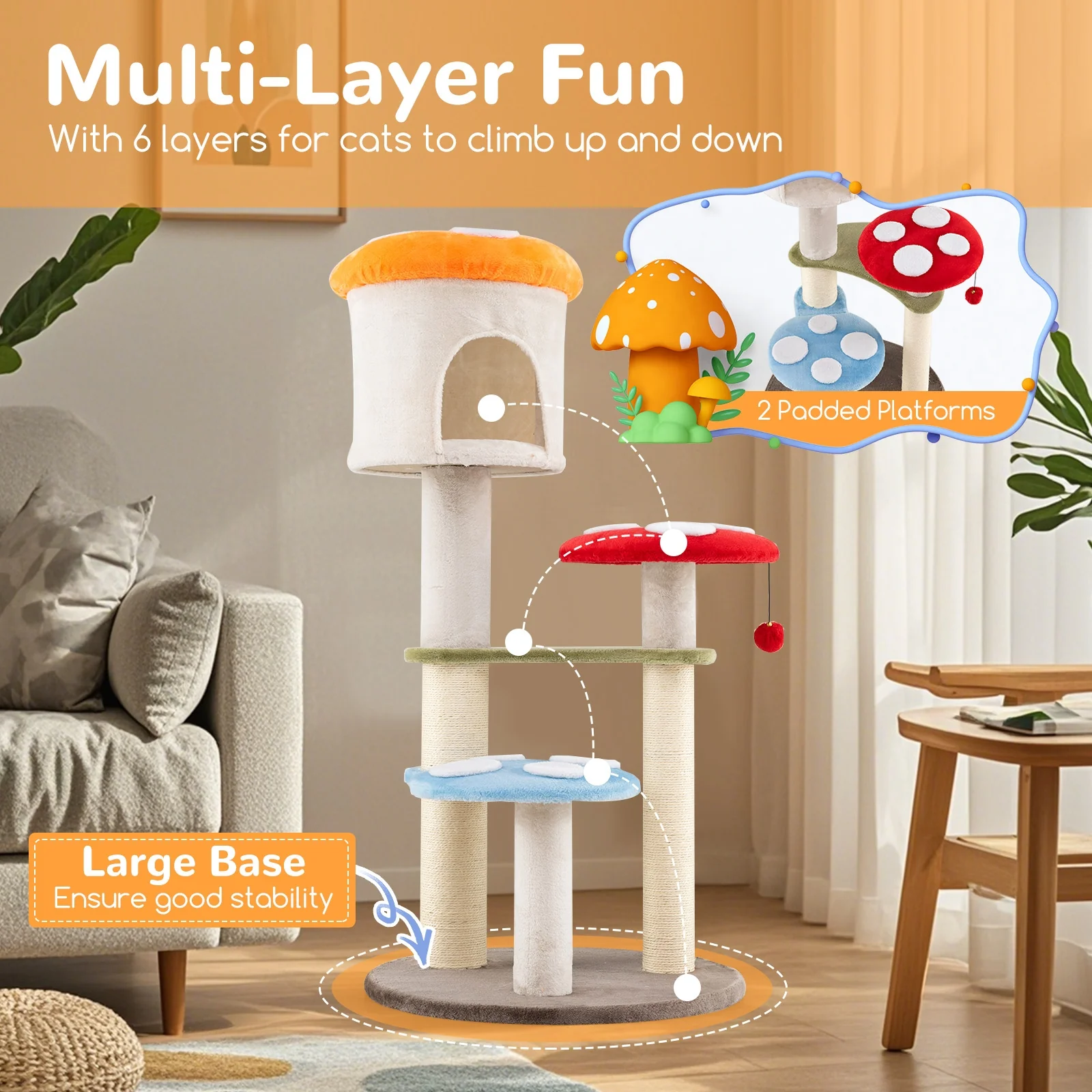Mushroom Cat Tree, Sisal Scratching Posts, Condo, Padded Platforms, Multicolor - Image 8