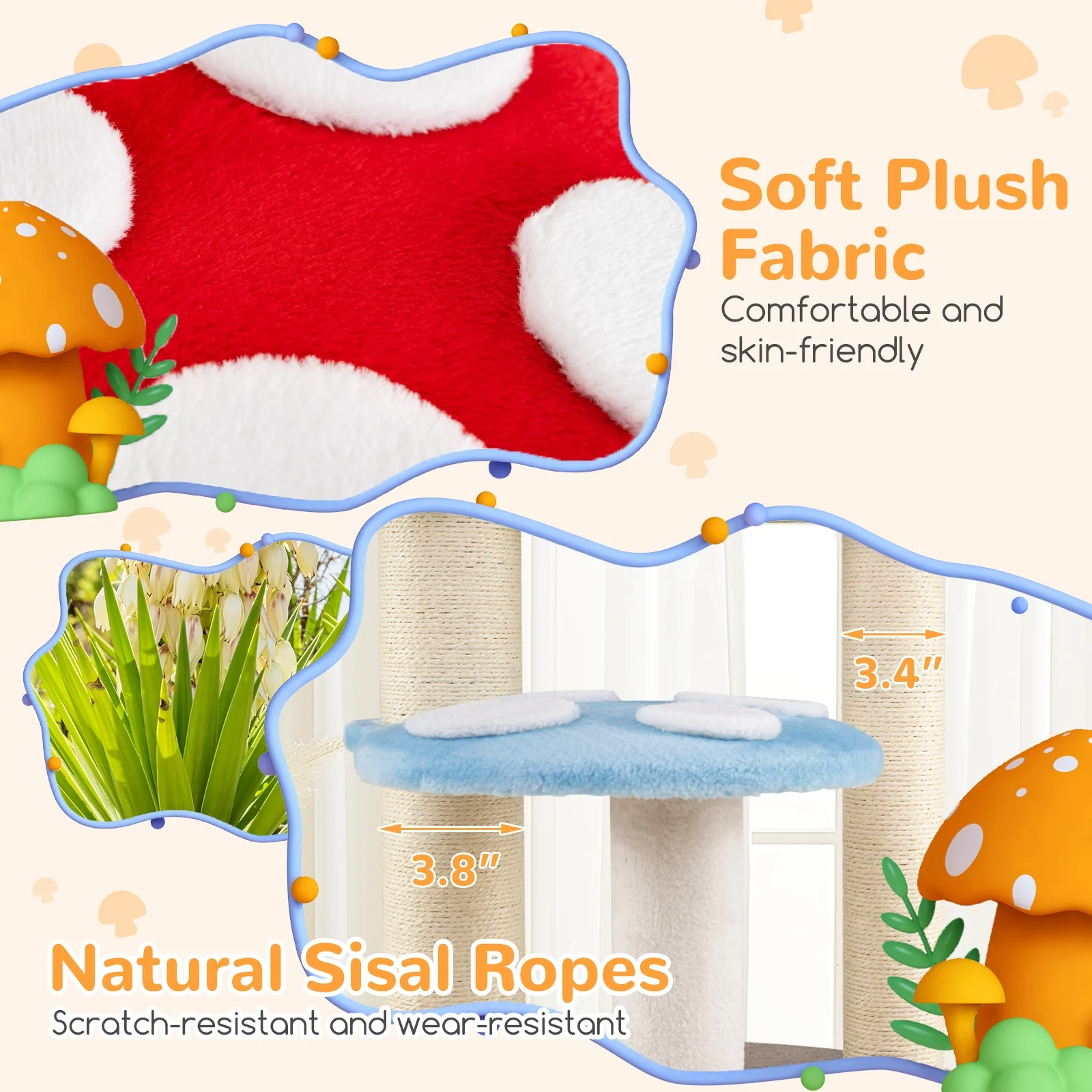 Mushroom Cat Tree, Sisal Scratching Posts, Condo, Padded Platforms, Multicolor - Image 9